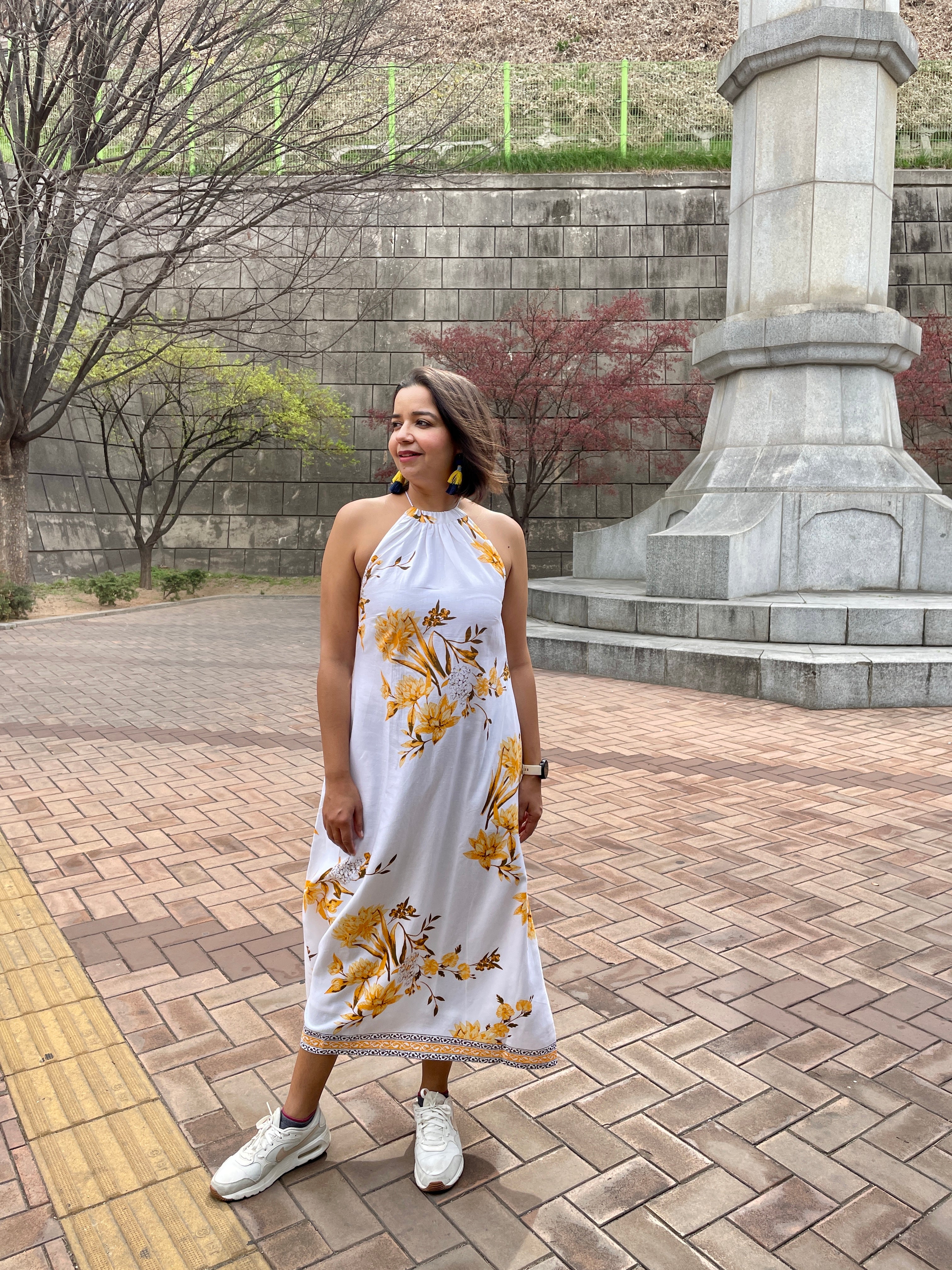 White Yellow Flower Halter Maxi Dress image 5