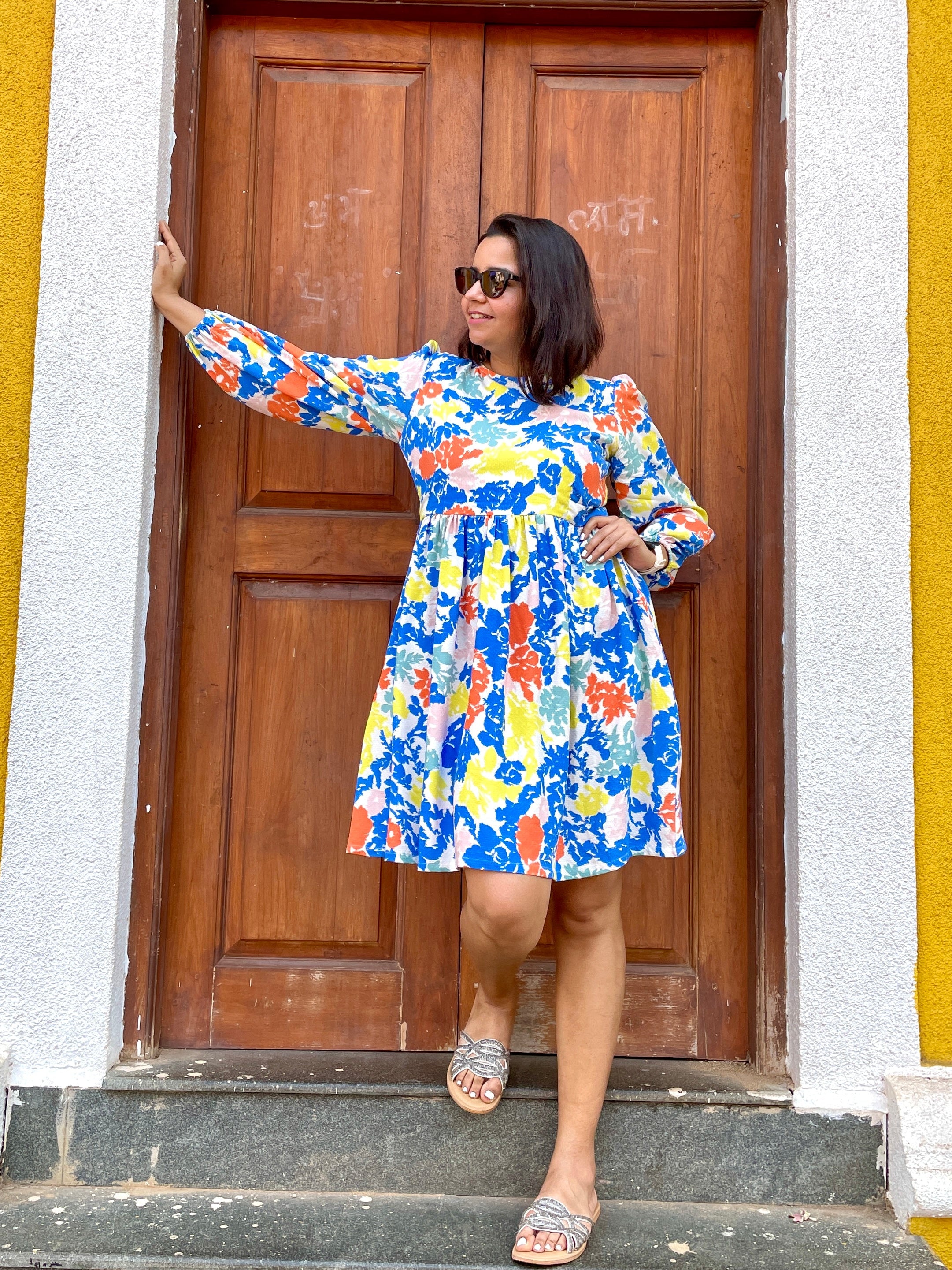Multicolor Balloon Sleeves Skater Dress image 1
