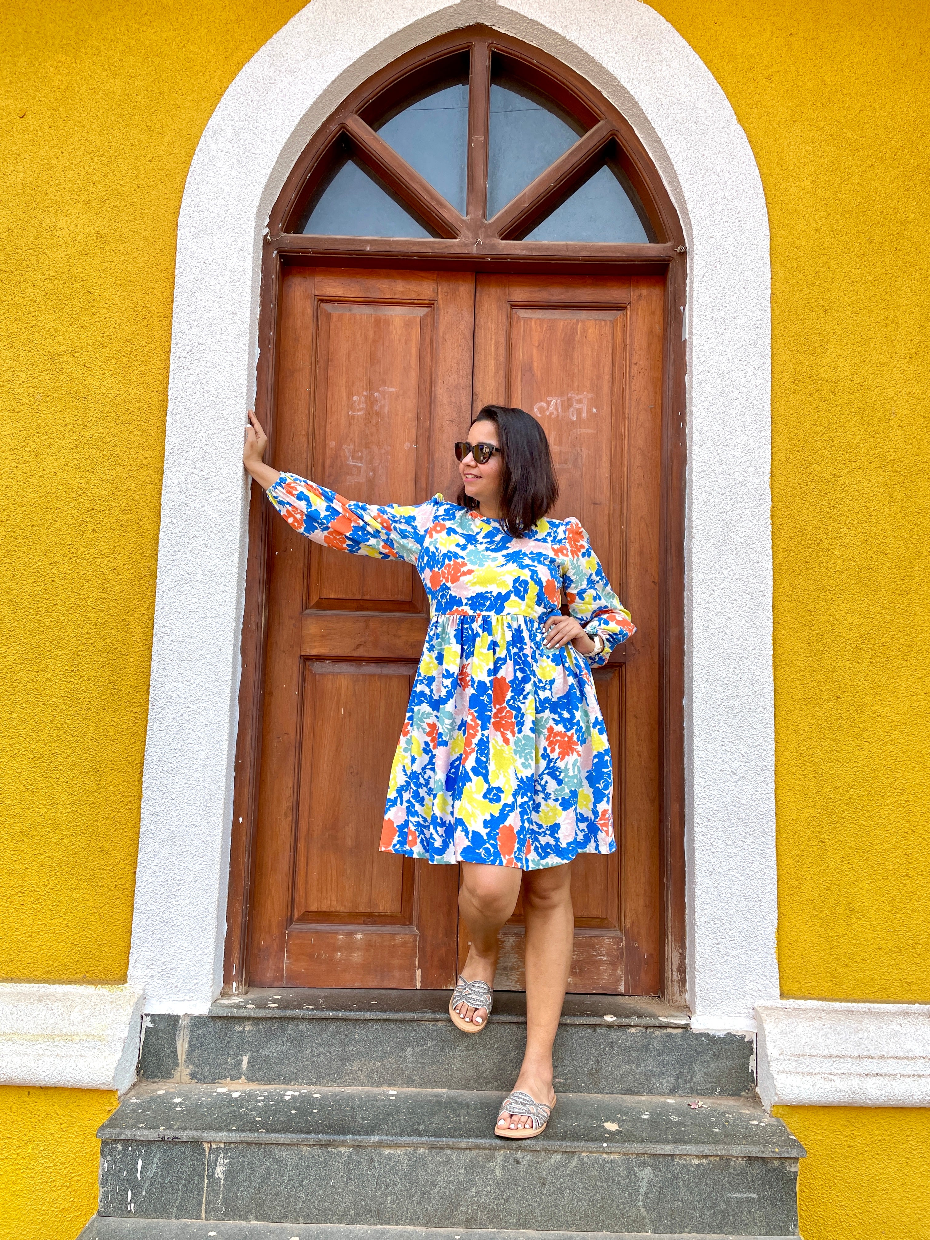 Multicolor Balloon Sleeves Skater Dress image 1