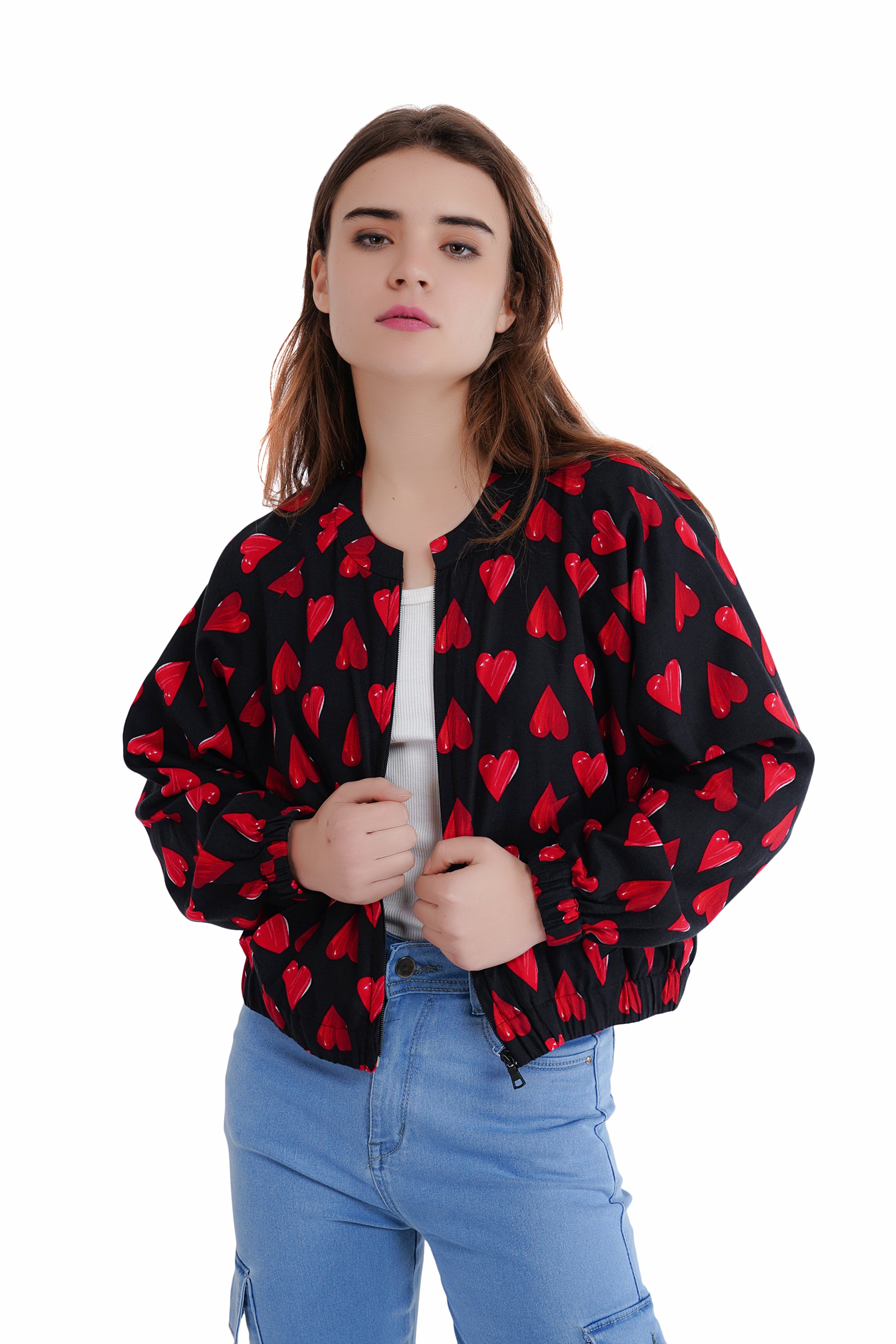 Black Red Heart Cotton Bomber Jacket image 2