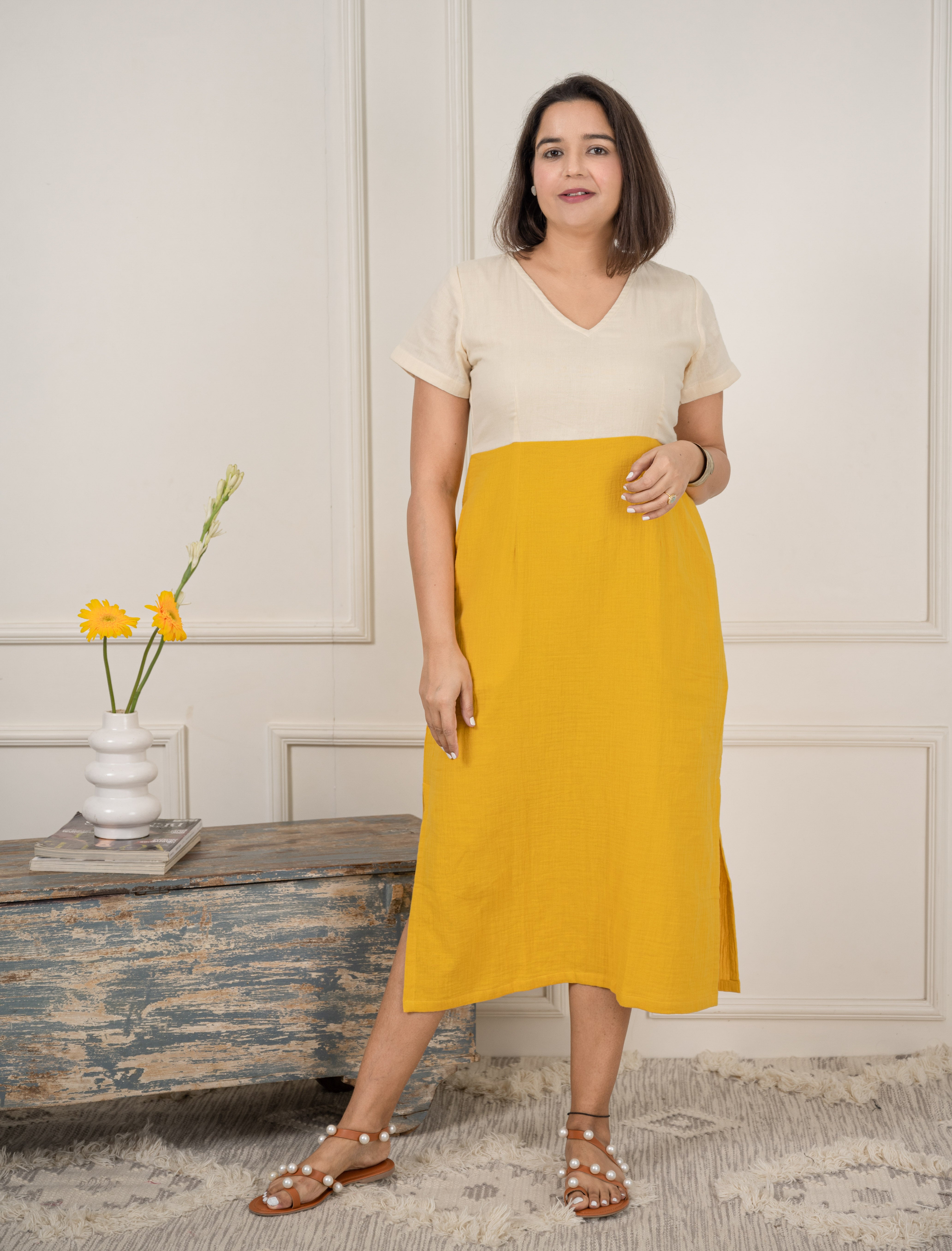 Mustard Yellow Cotton Midi Dress image 5