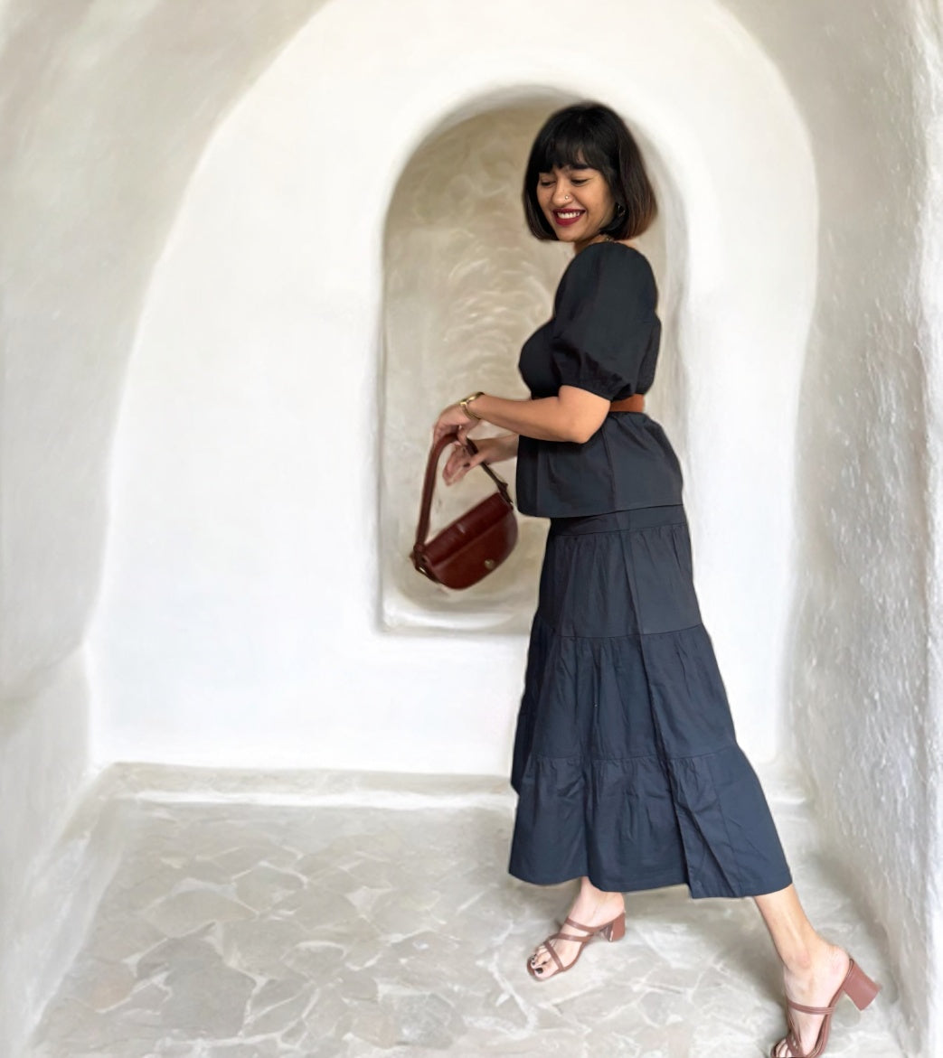 Black Cotton Tiered Skirt Co-ord Set image 1