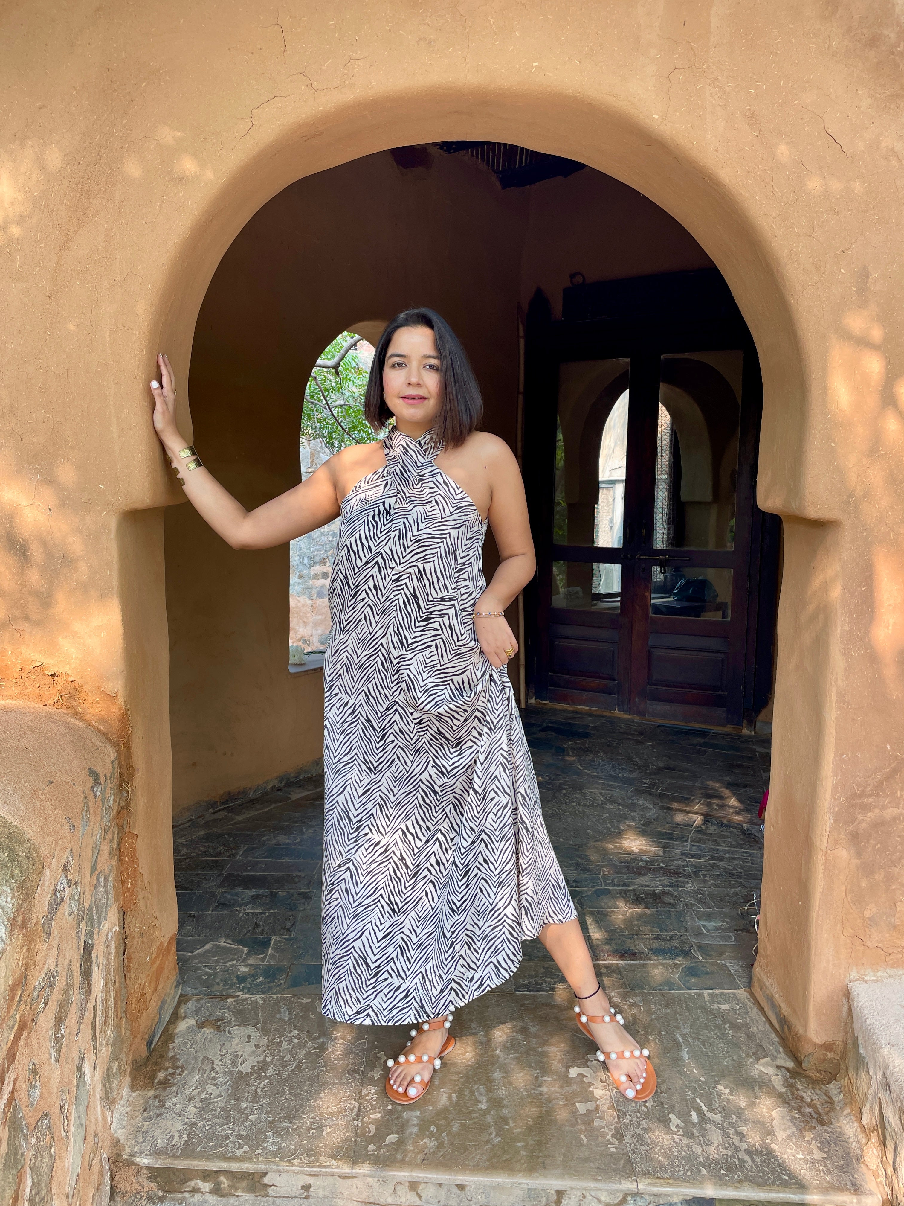 Beige Printed Halter Maxi Dress image 1