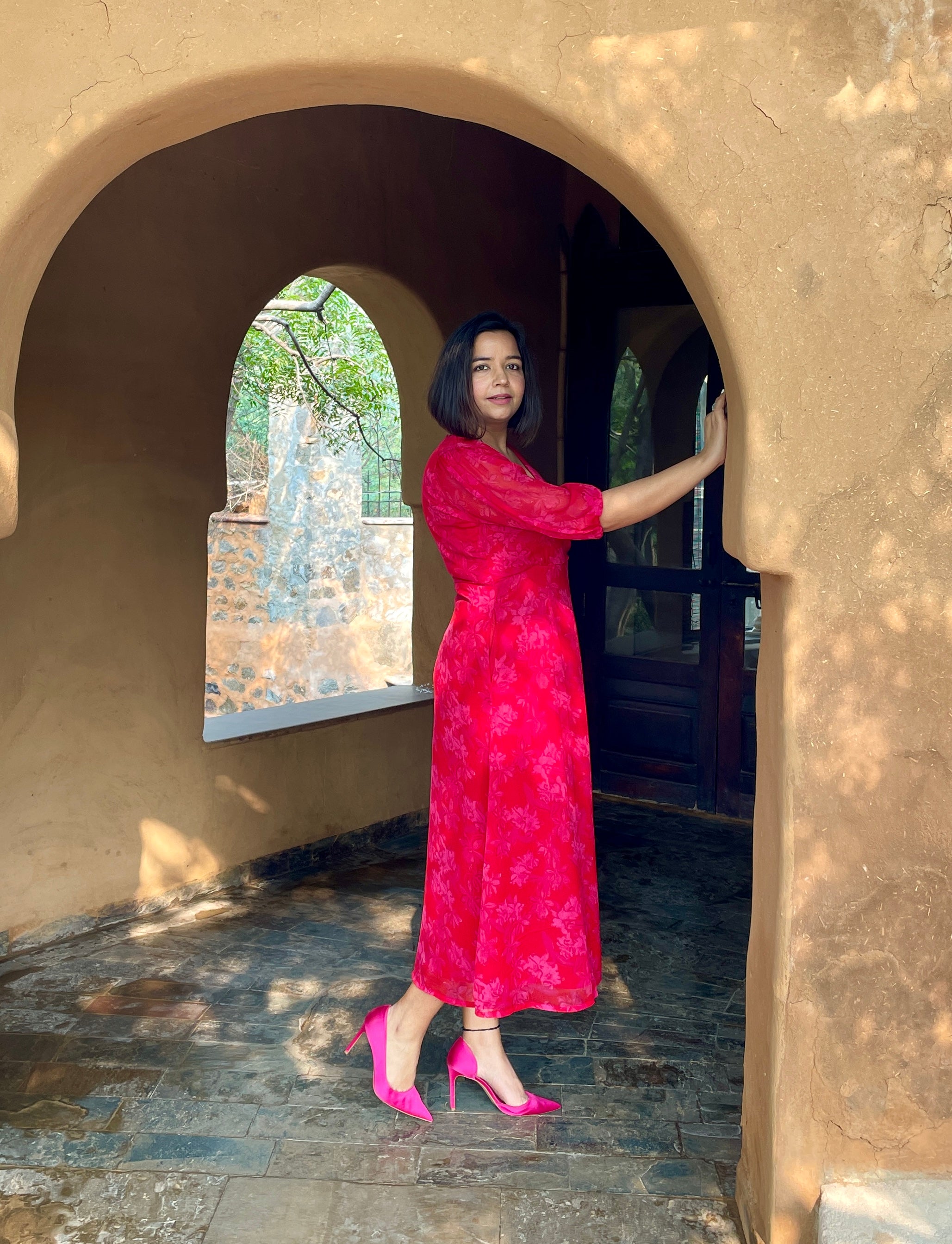 Red Floral Printed Midi Dress image 6