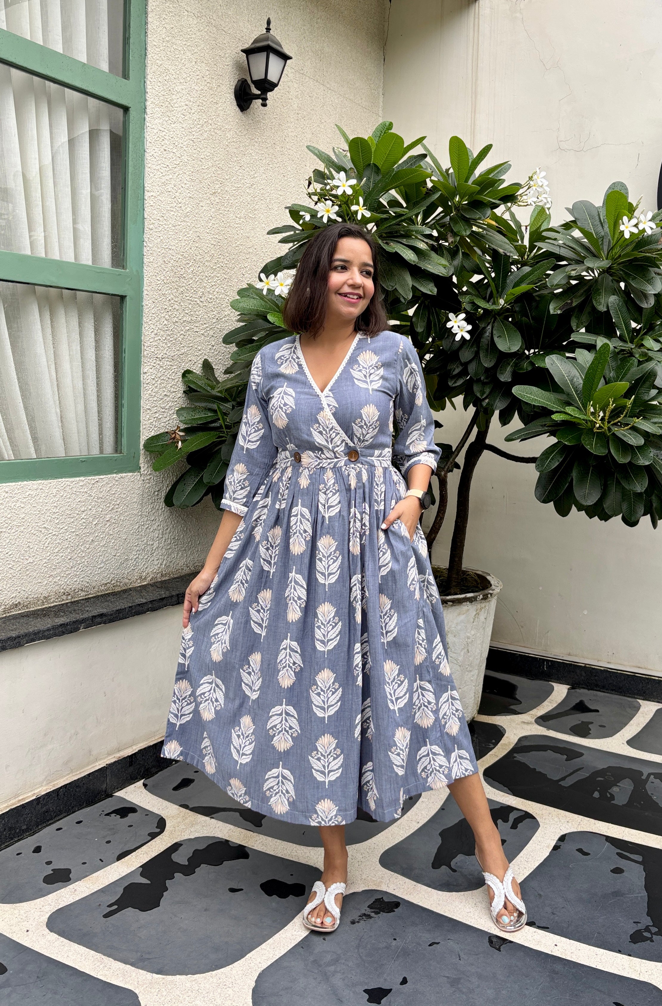 Blue Printed Wrap Dress Lace Detail & Pockets image 3