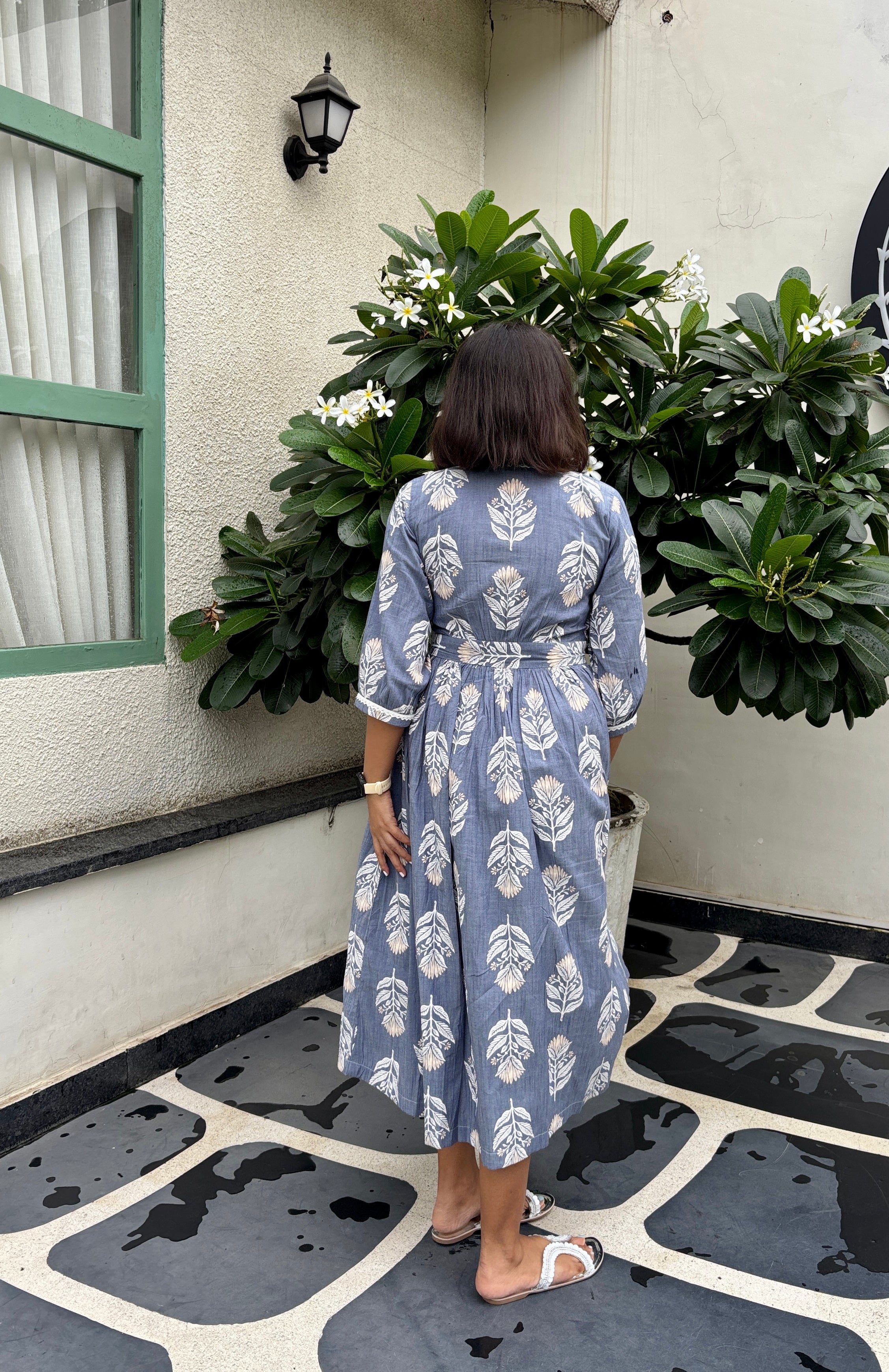 Blue Printed Wrap Dress Lace Detail & Pockets image 1