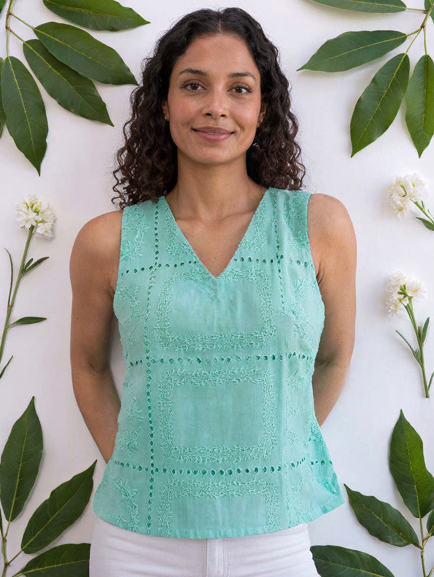 Aqua Schiffli Cotton Top
