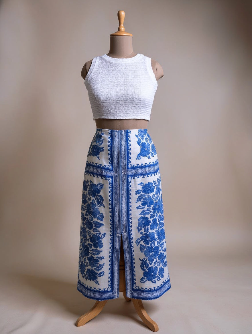 Santorini Bloom Front Slit Midi Skirt