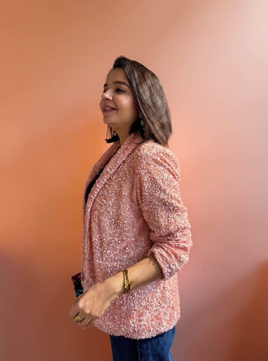 Blush Pink Sequin Open-Front Blazer