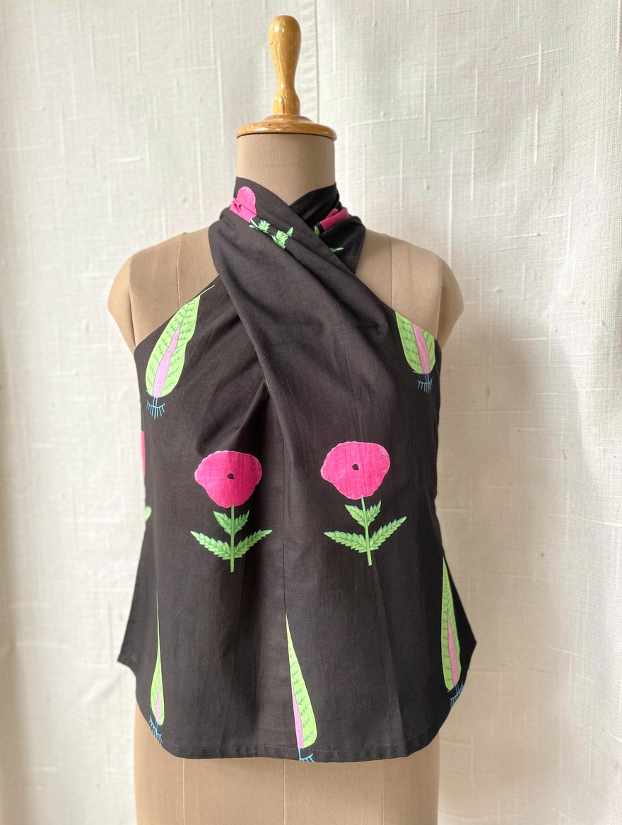 Black Printed Twist Halter Cotton Top