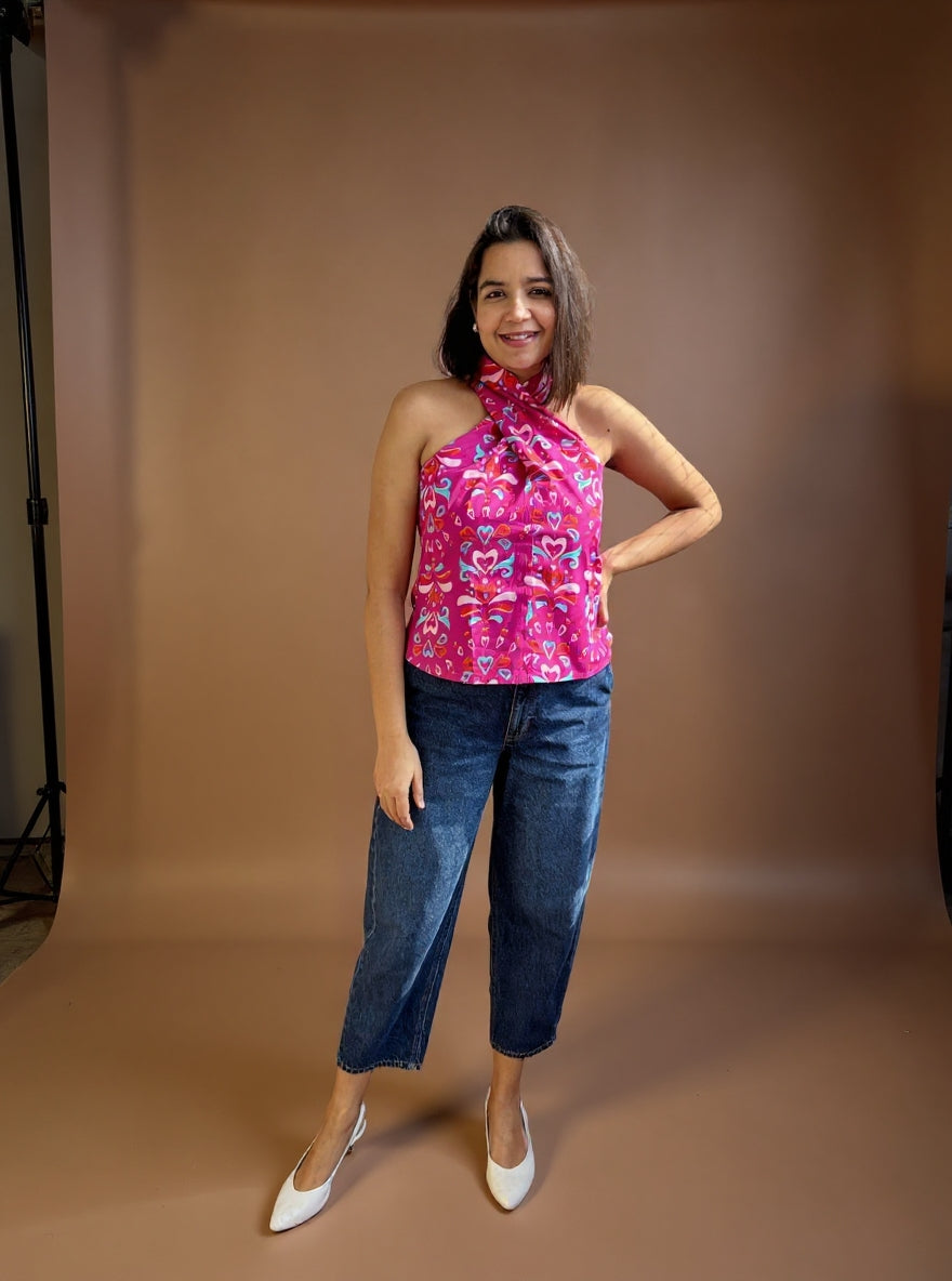 Pink Twist Halter Cotton Top