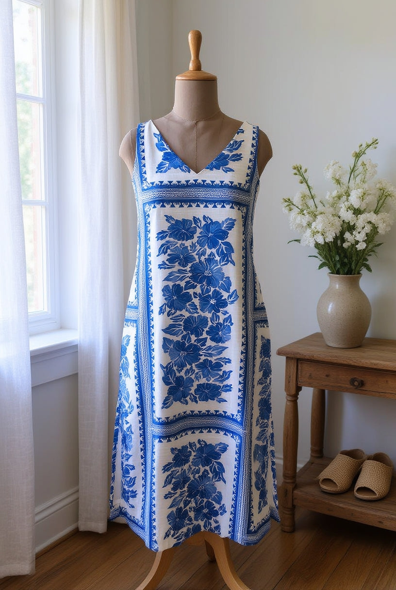Azure Bloom Midi Dress with Pockets