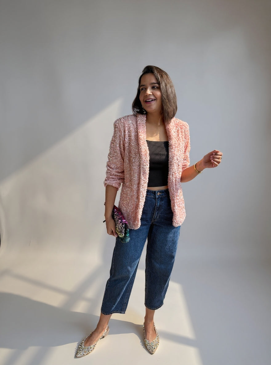 Blush Pink Sequin Open-Front Blazer