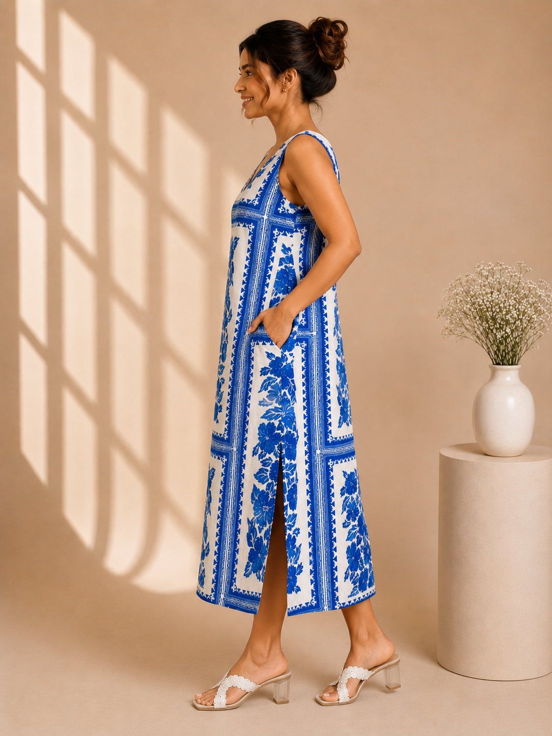 Azure Bloom Midi Dress with Pockets