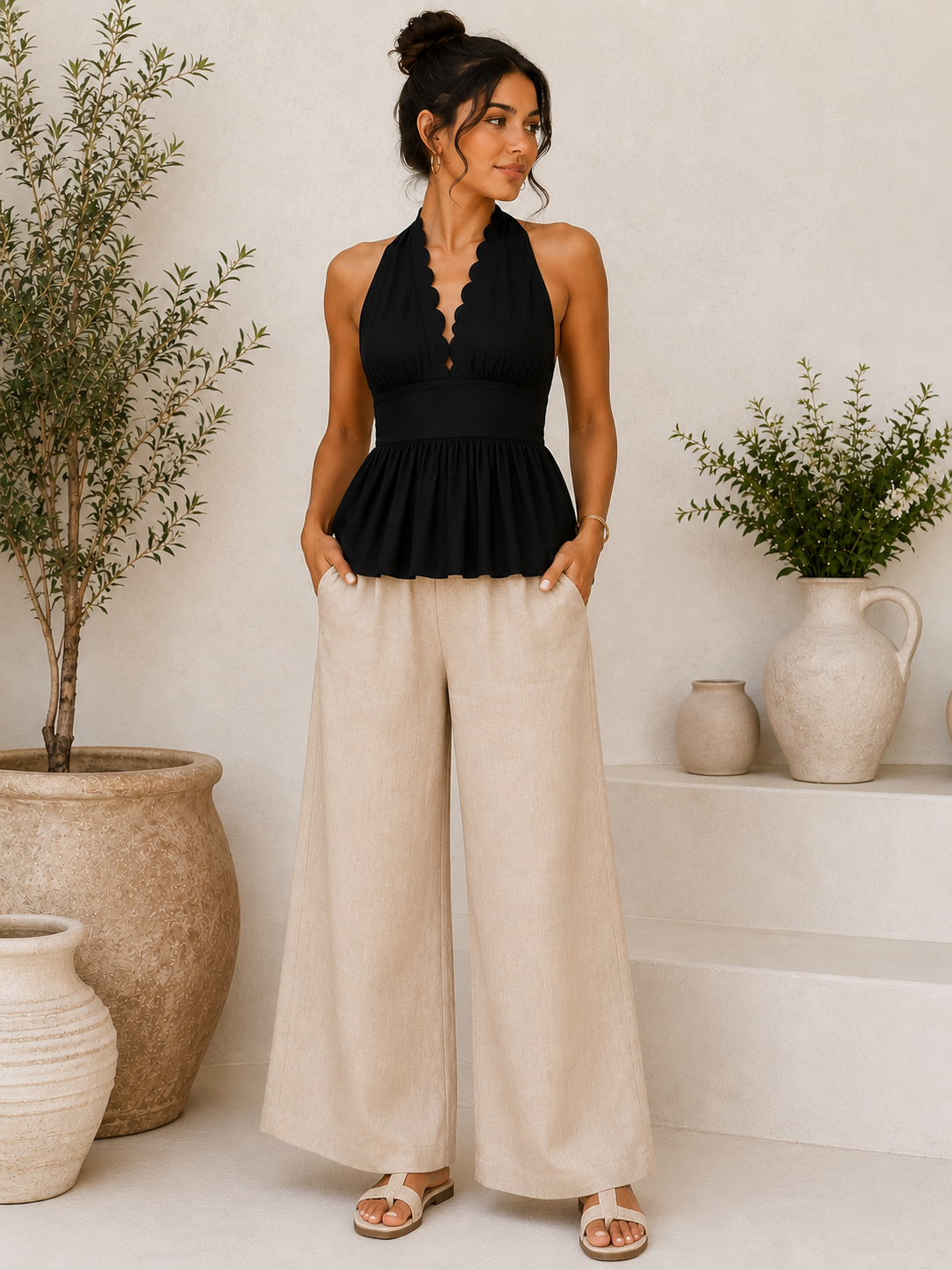 Midnight Muse Cotton Halter Peplum Top
