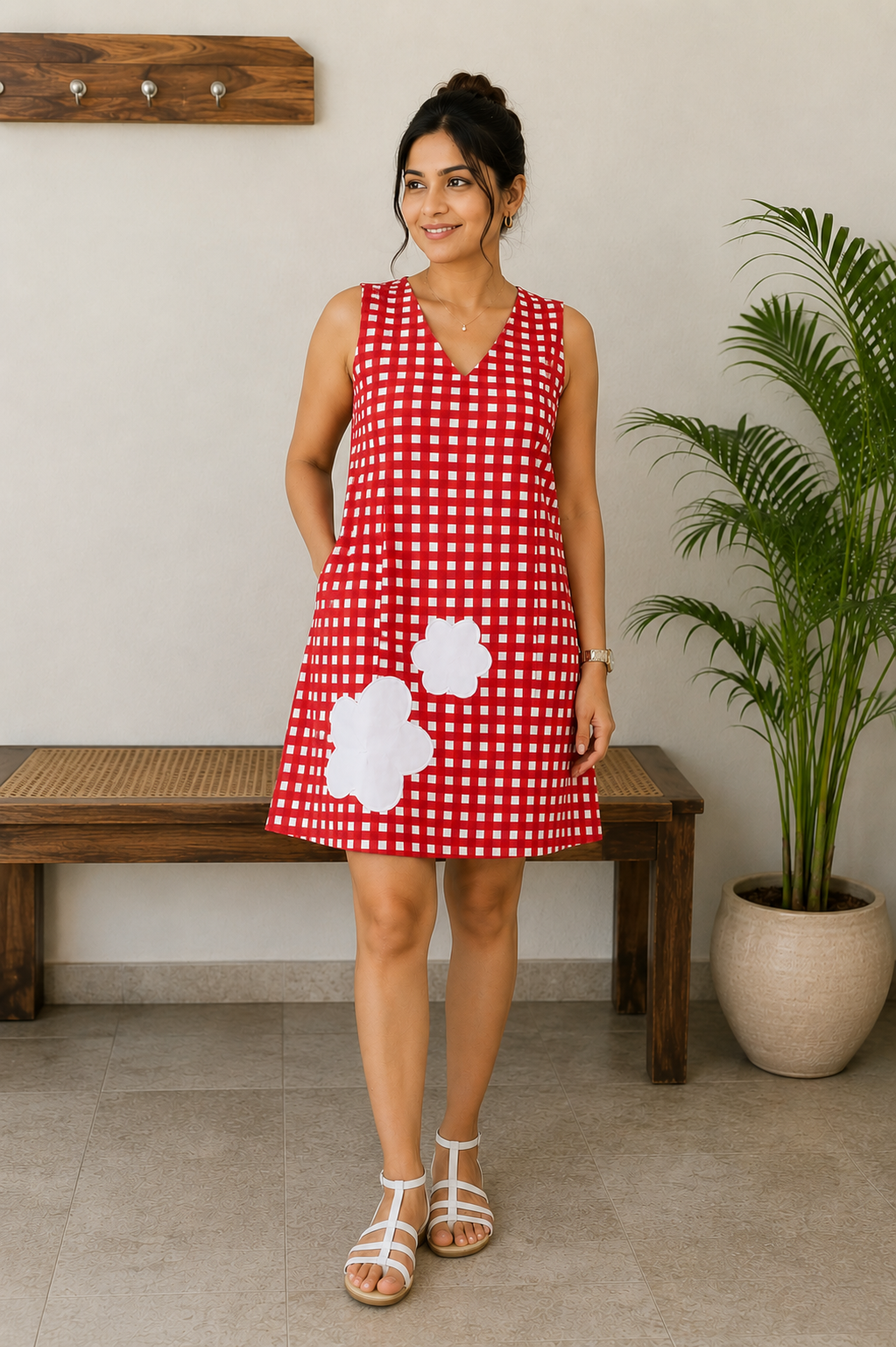 Red Gingham Applique Dress with Pockets