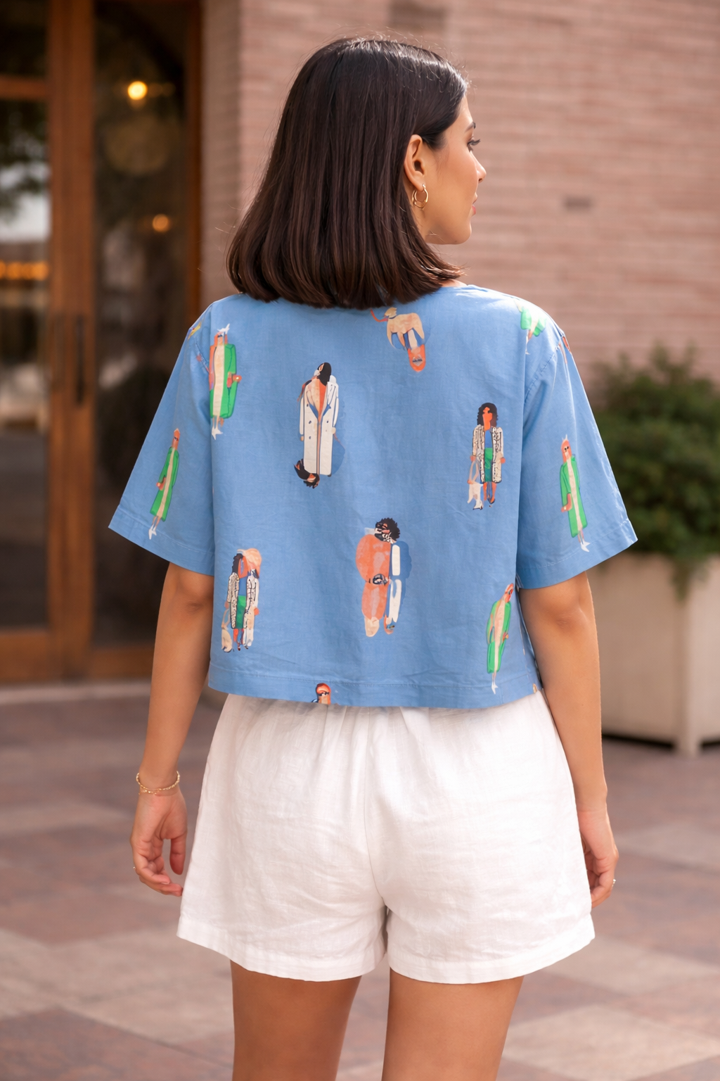 Sky Blue Pure Cotton Printed Crop Shirt for Women