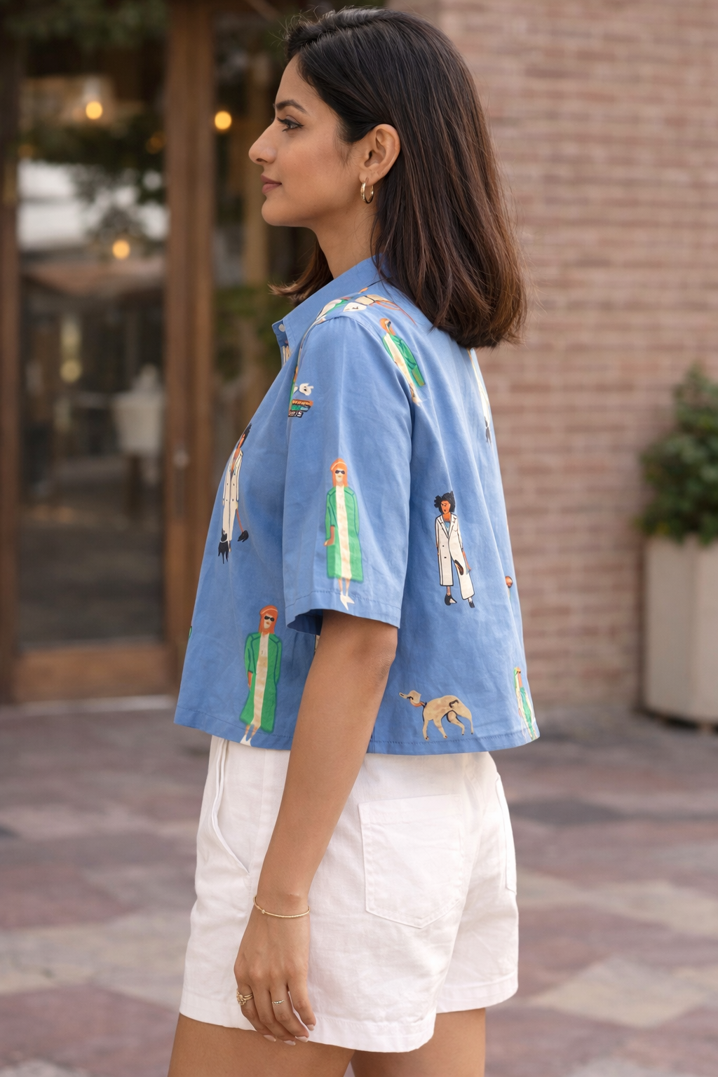 Sky Blue Pure Cotton Printed Crop Shirt for Women