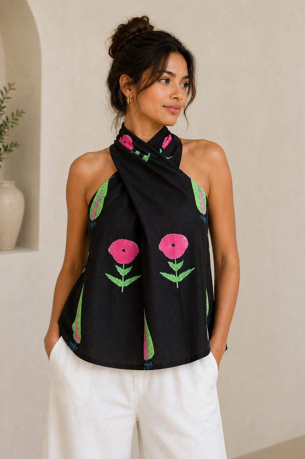 Black Printed Twist Halter Cotton Top