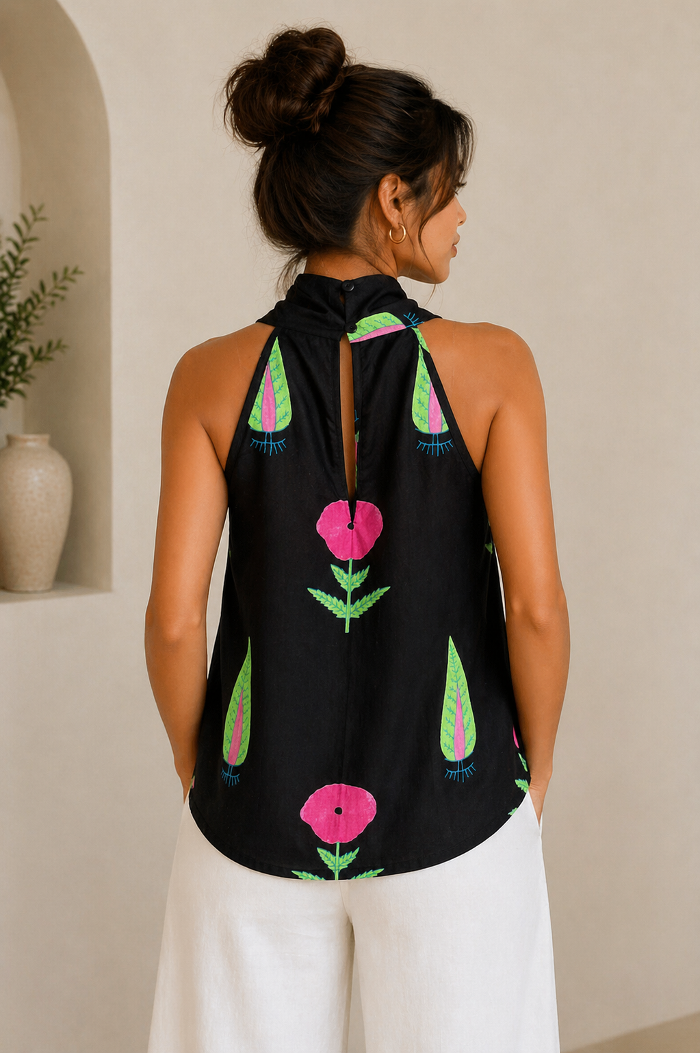 Black Printed Twist Halter Cotton Top