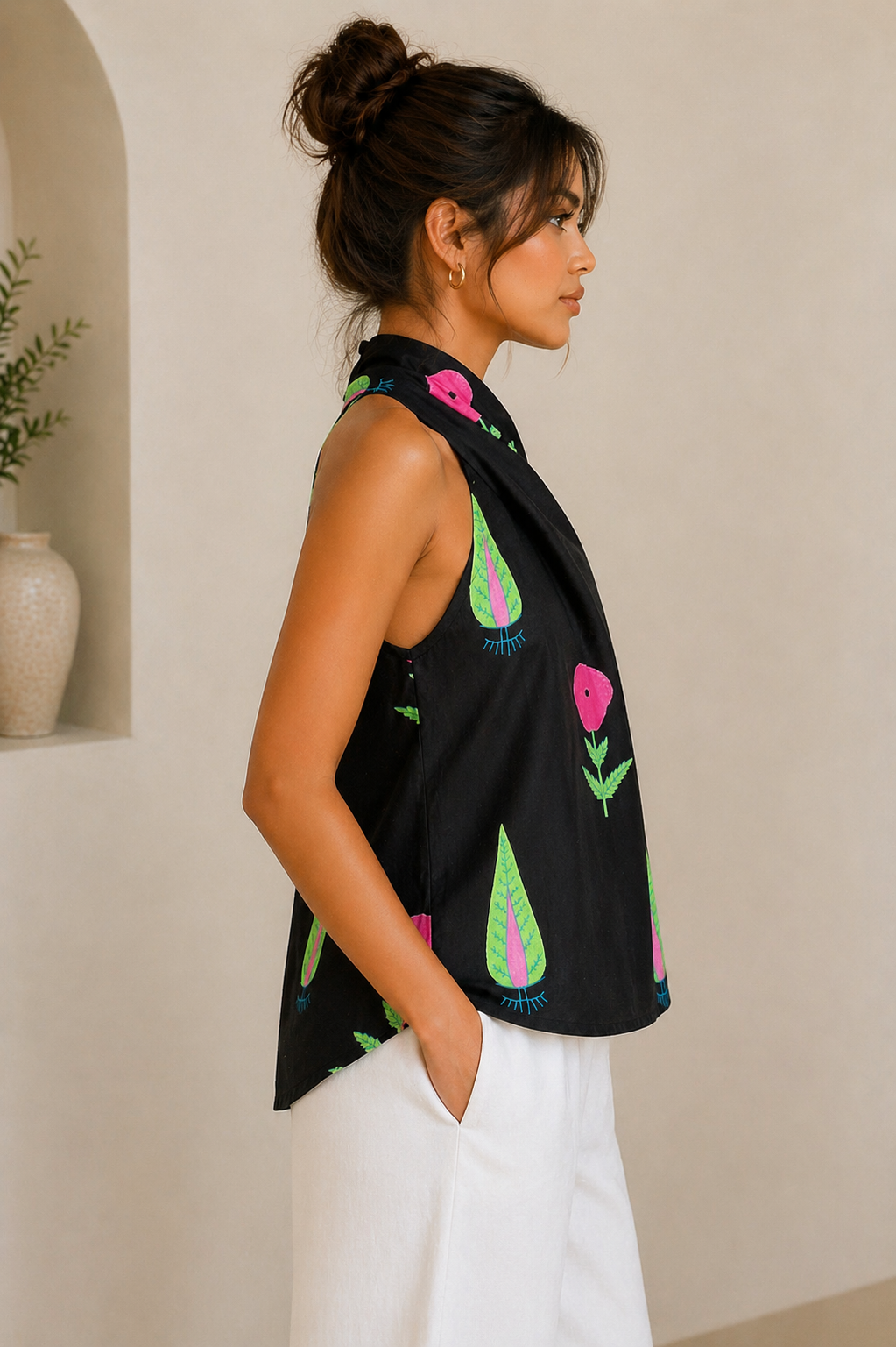 Black Printed Twist Halter Cotton Top