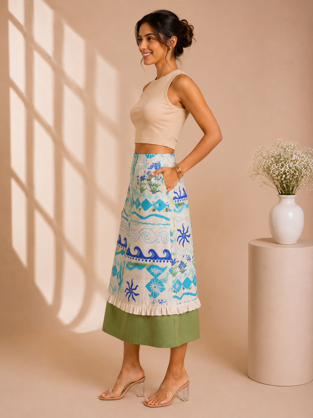 Ocean Breeze Linen Blend Midi Skirt