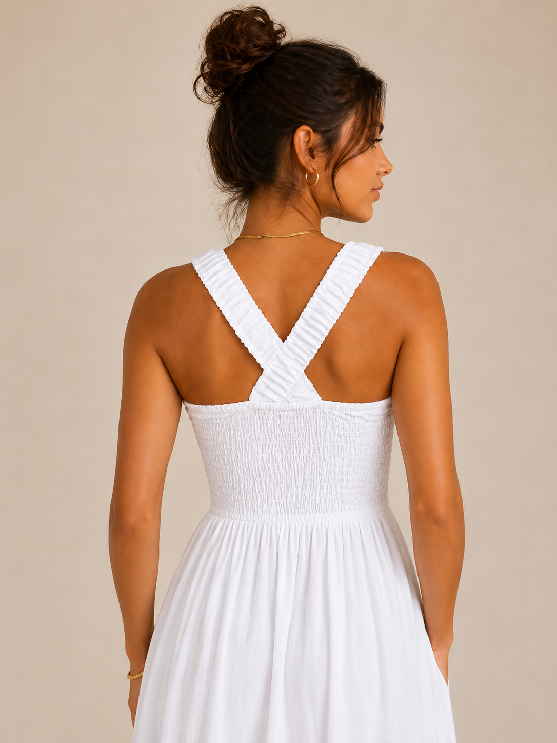 White Smocked Cotton Midi Dress with Pockets