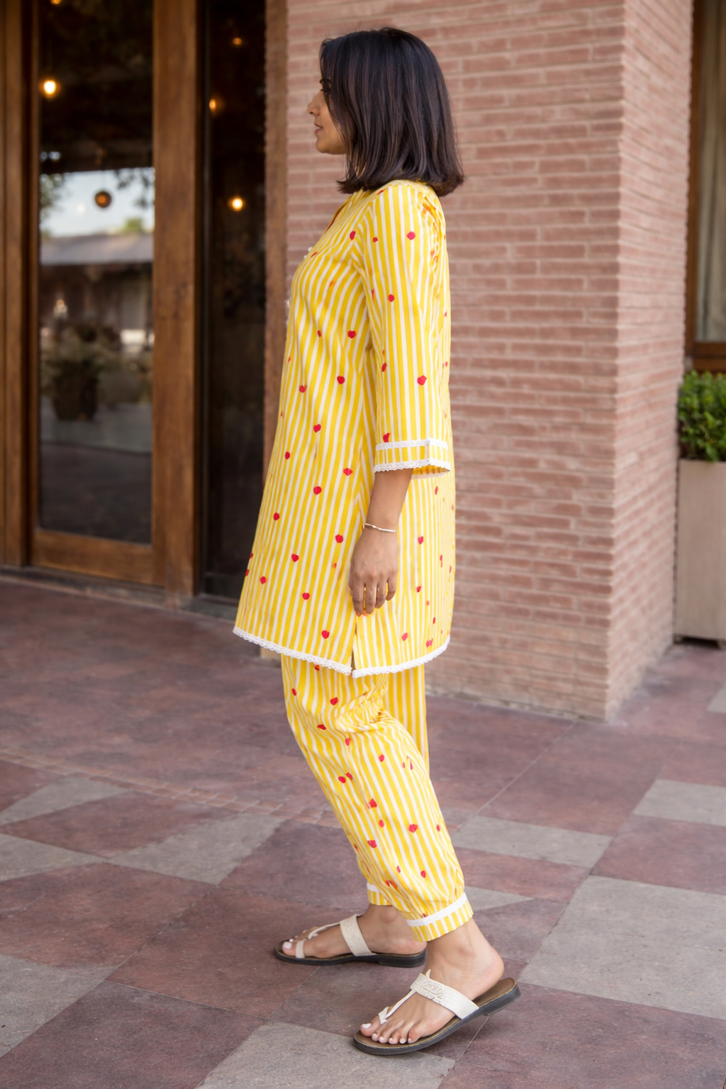 Yellow Striped Heart Printed Pure Cotton Kurta Set