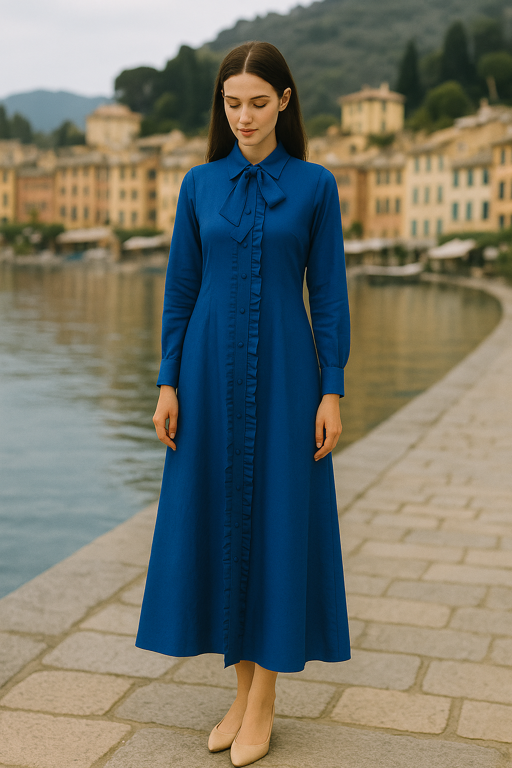 Royal Blue Cotton-Linen A-Line Shirt Dress