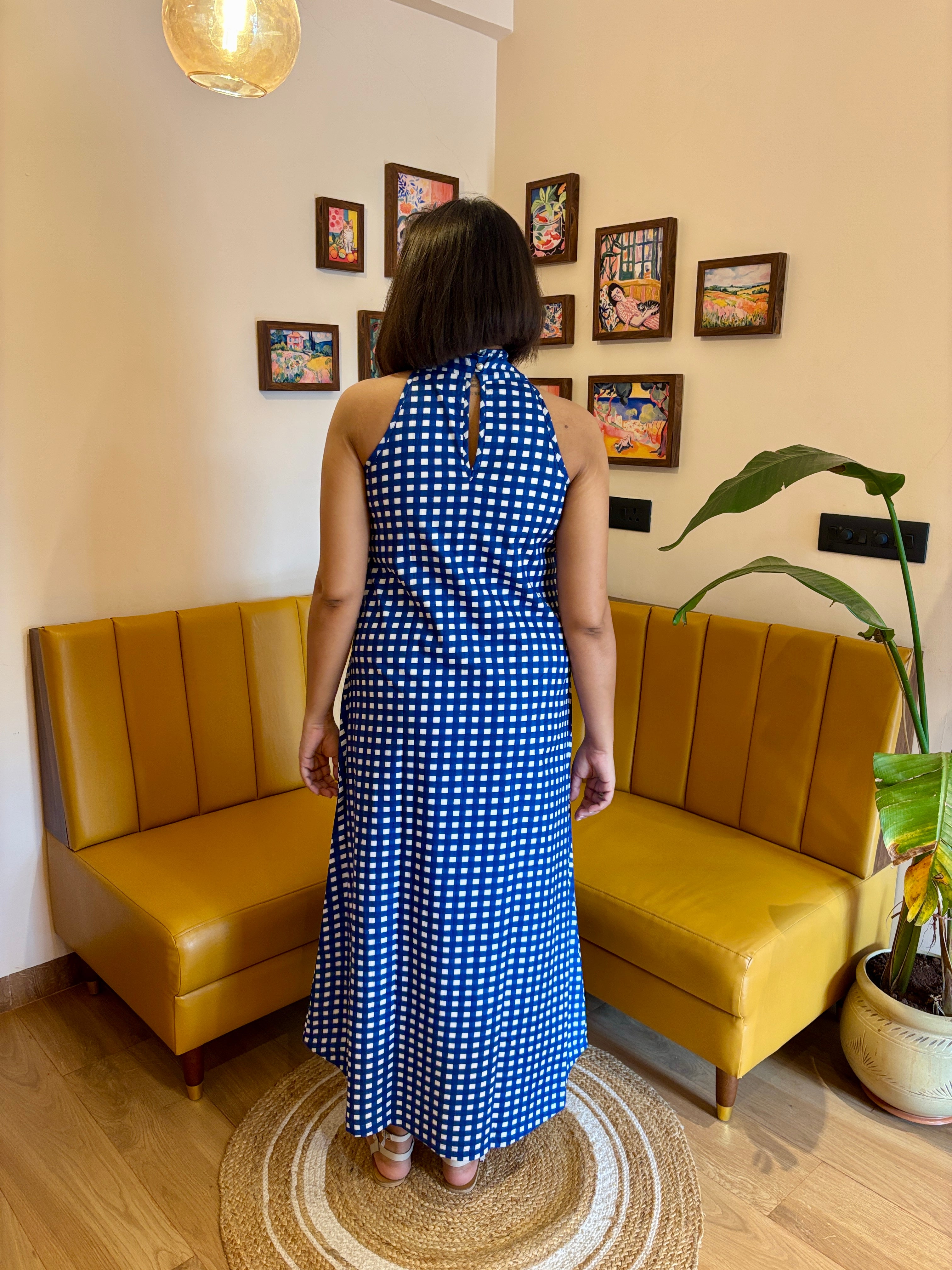 Blue Gingham Twist Halter Applique Maxi Dress