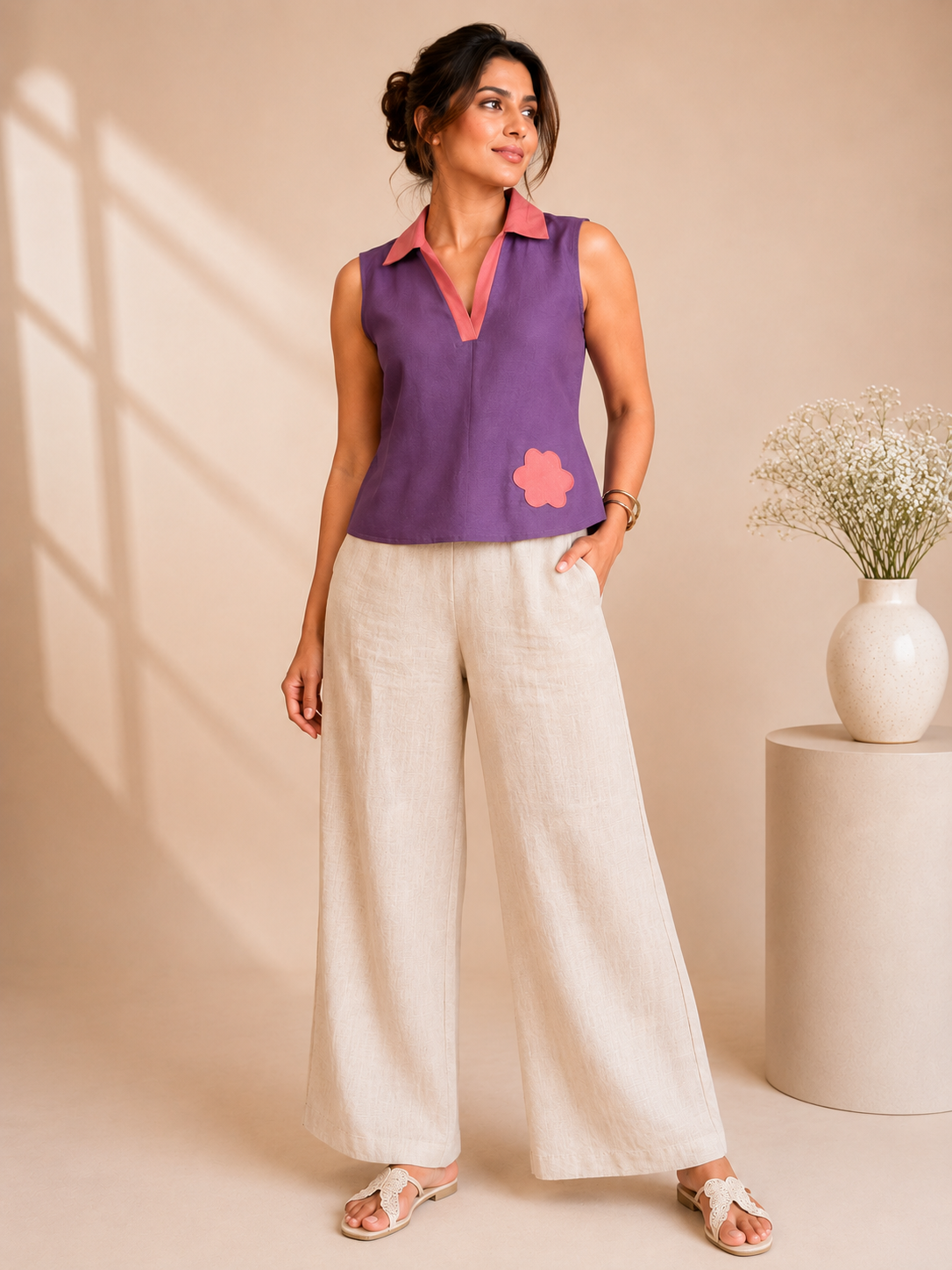 Purple Cotton Linen Applique Sleeveless Top