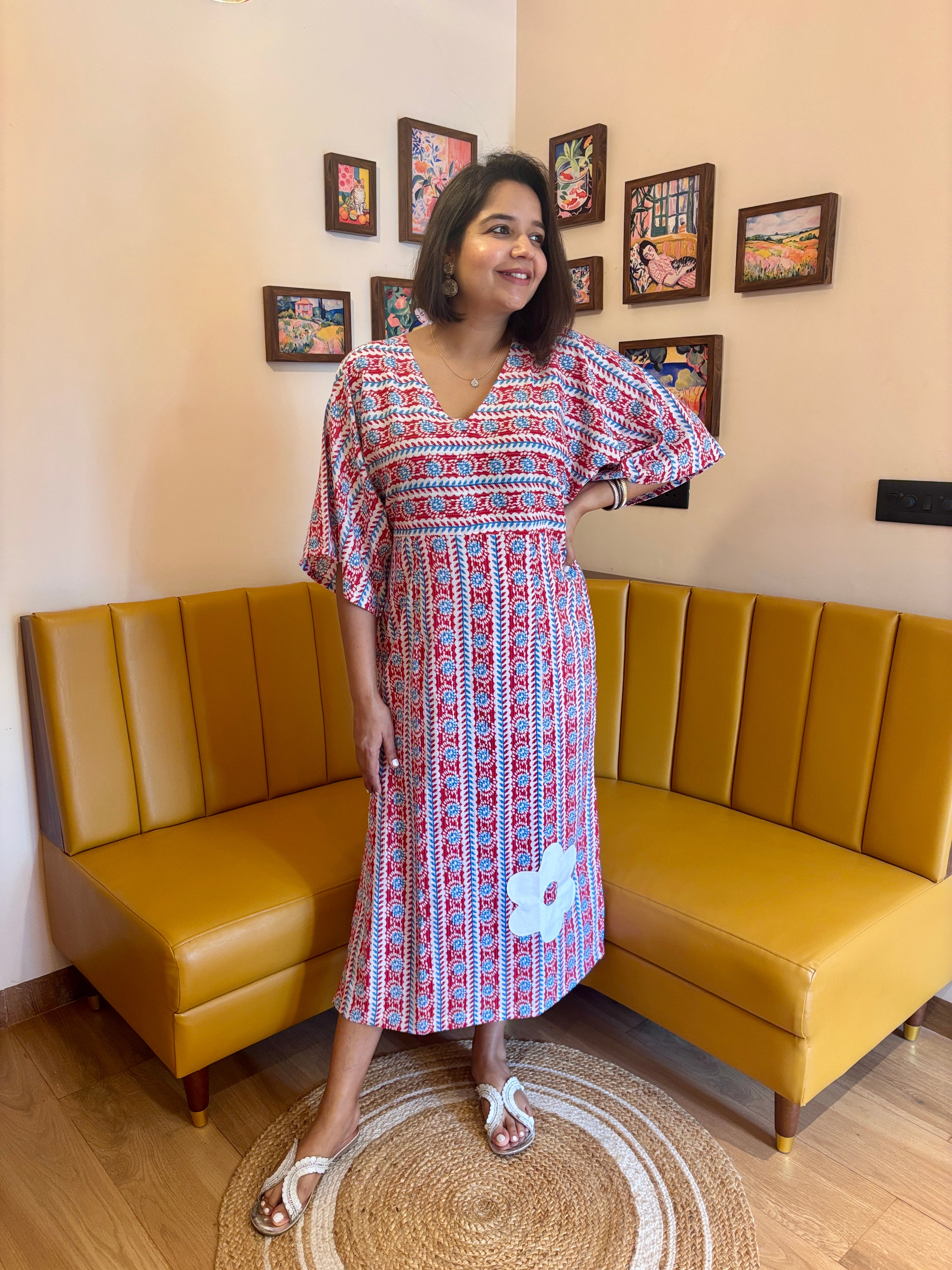 Red Applique Kaftan Midi Dress