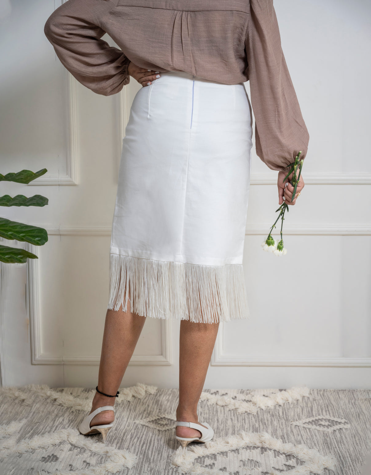Ivory Fringe Hem Pencil Skirt