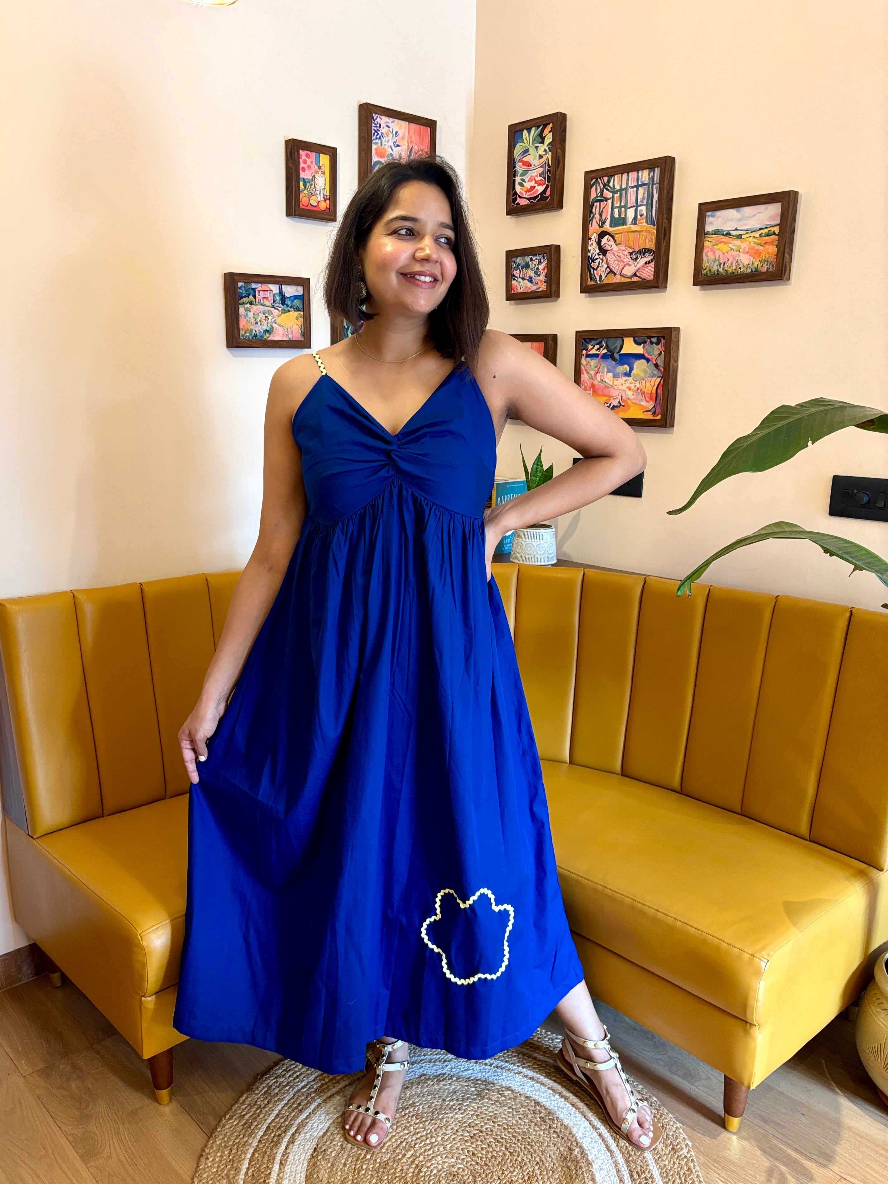 Blue Cotton Front Knot Maxi Dress for Women