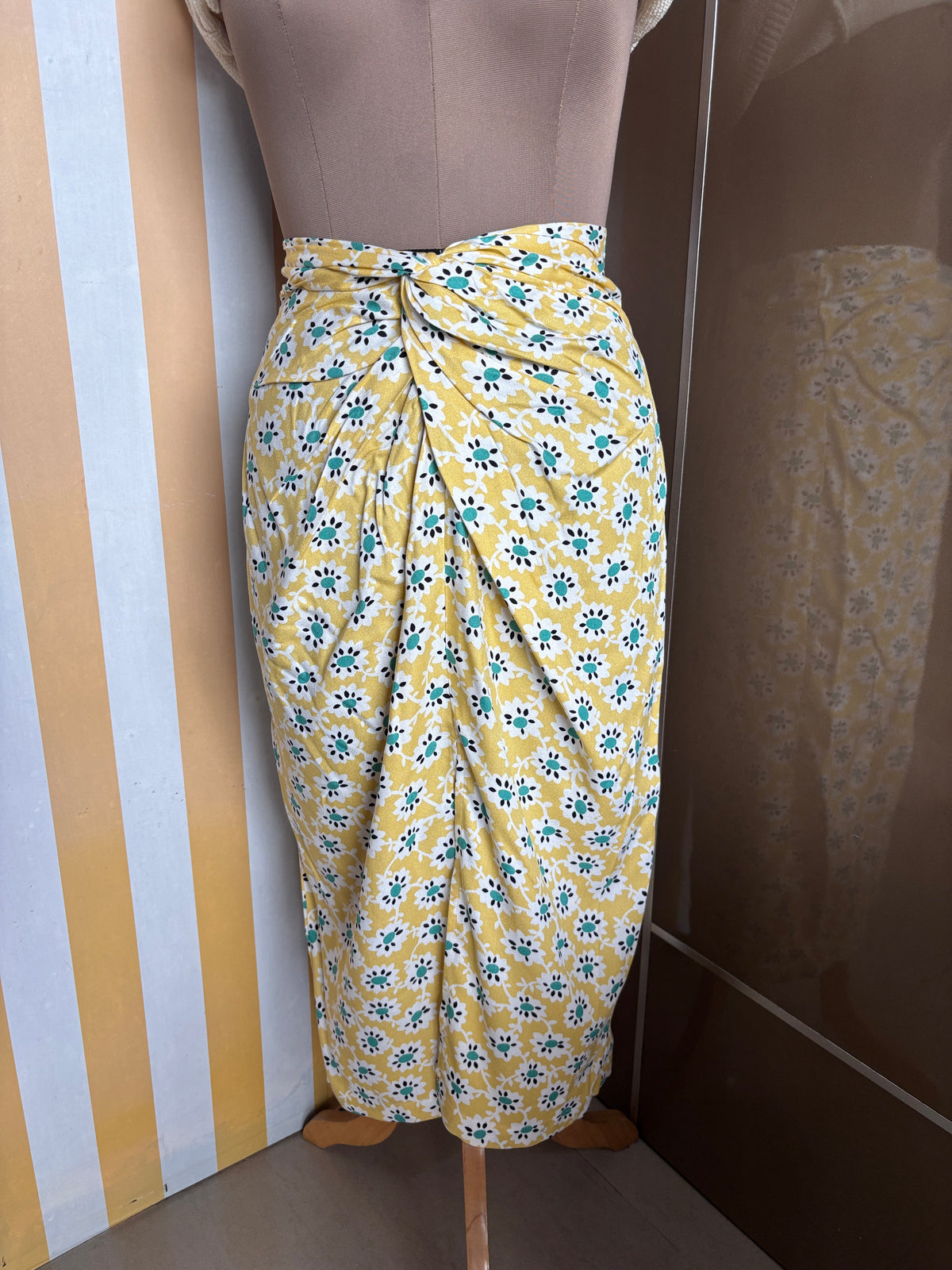Yellow Floral Front Knot Midi Skirt