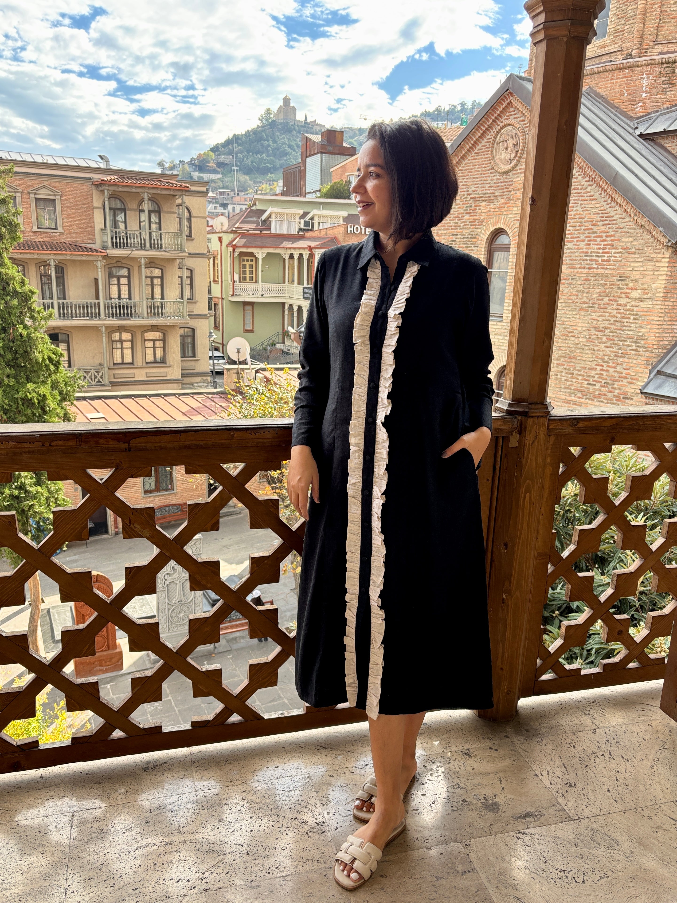 Black Cotton-Linen A-Line Shirt Dress