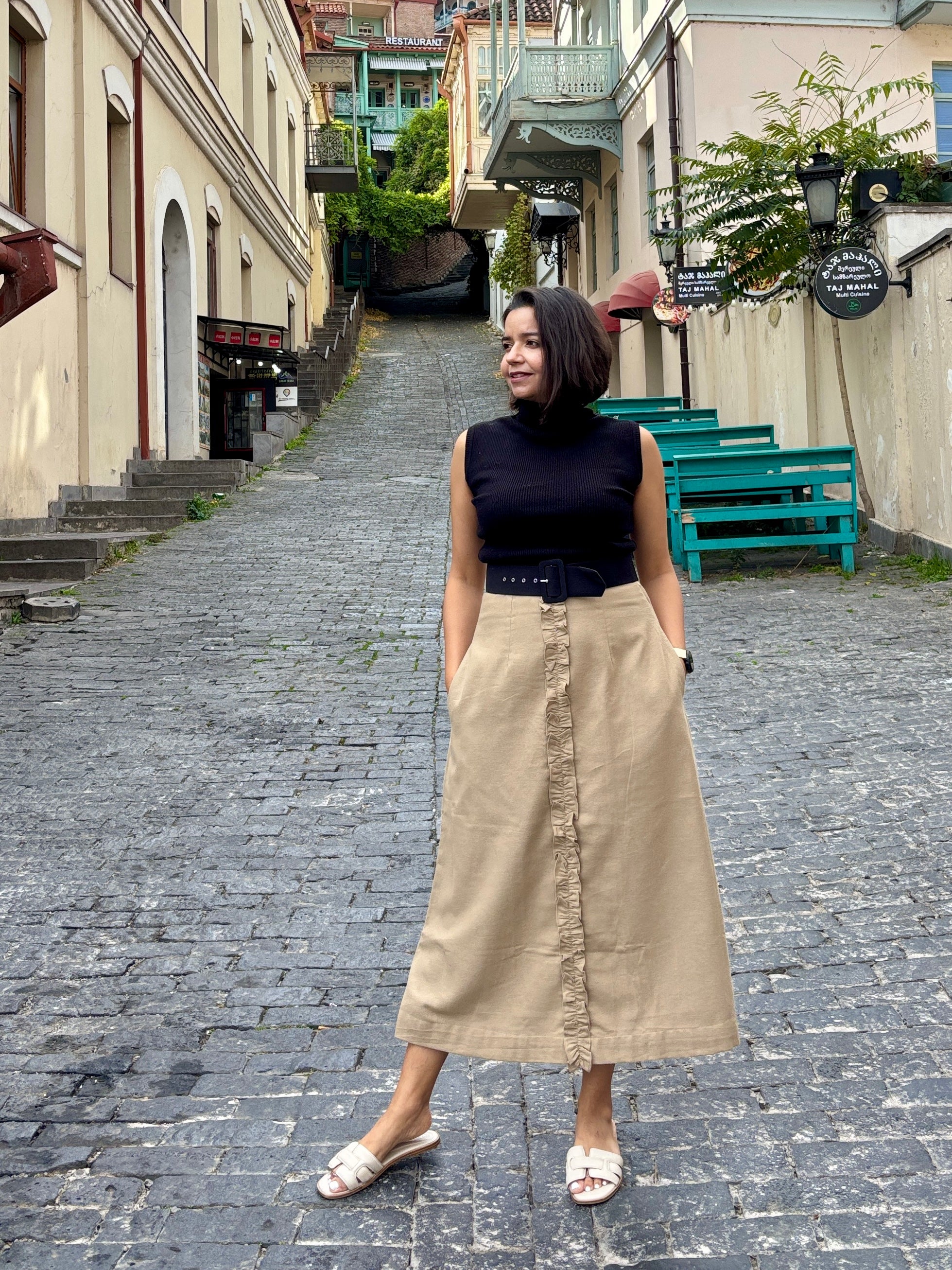 Beige Flannel Midi Skirt with Ruffle Detail