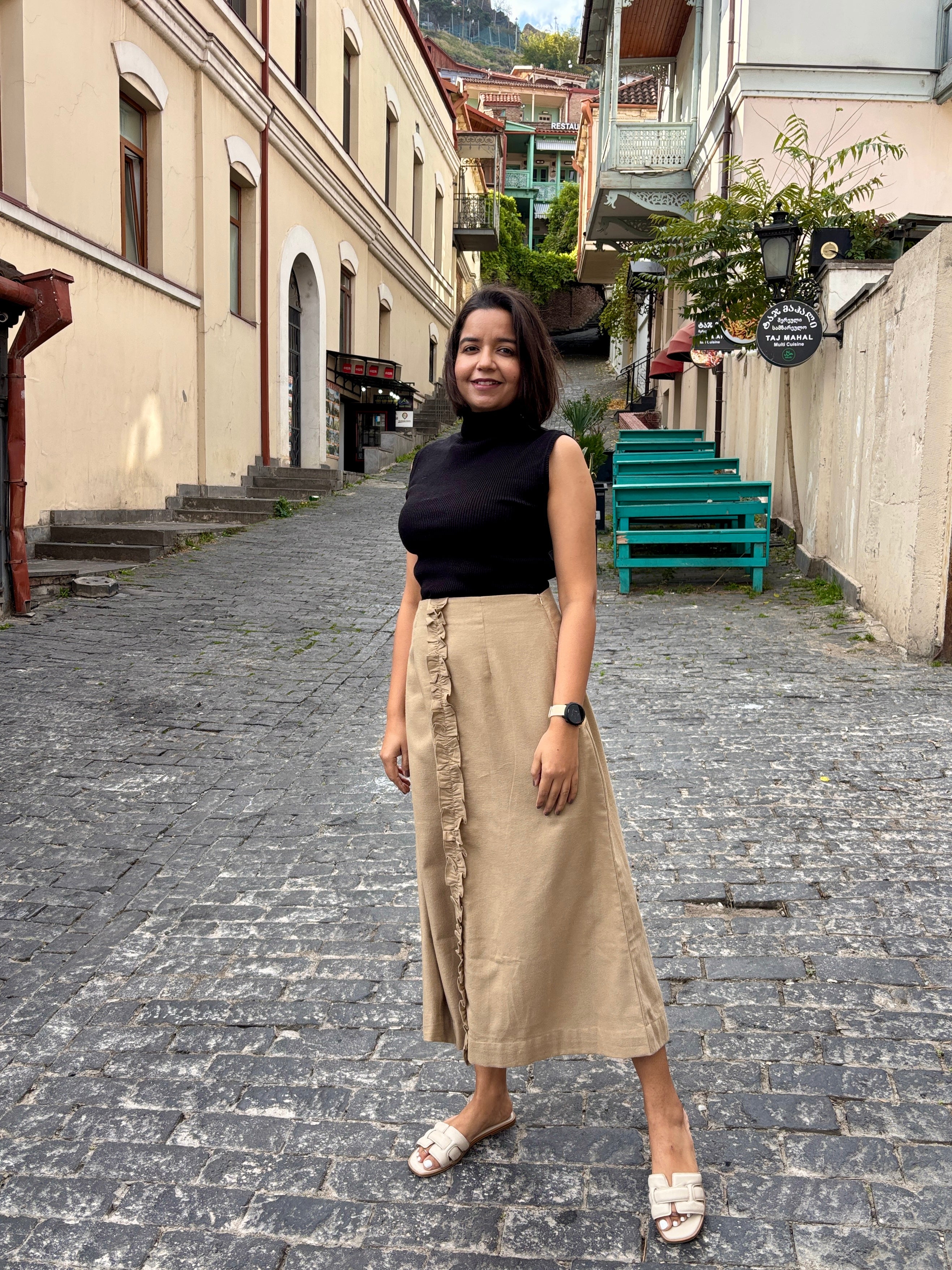 Beige Flannel Midi Skirt with Ruffle Detail
