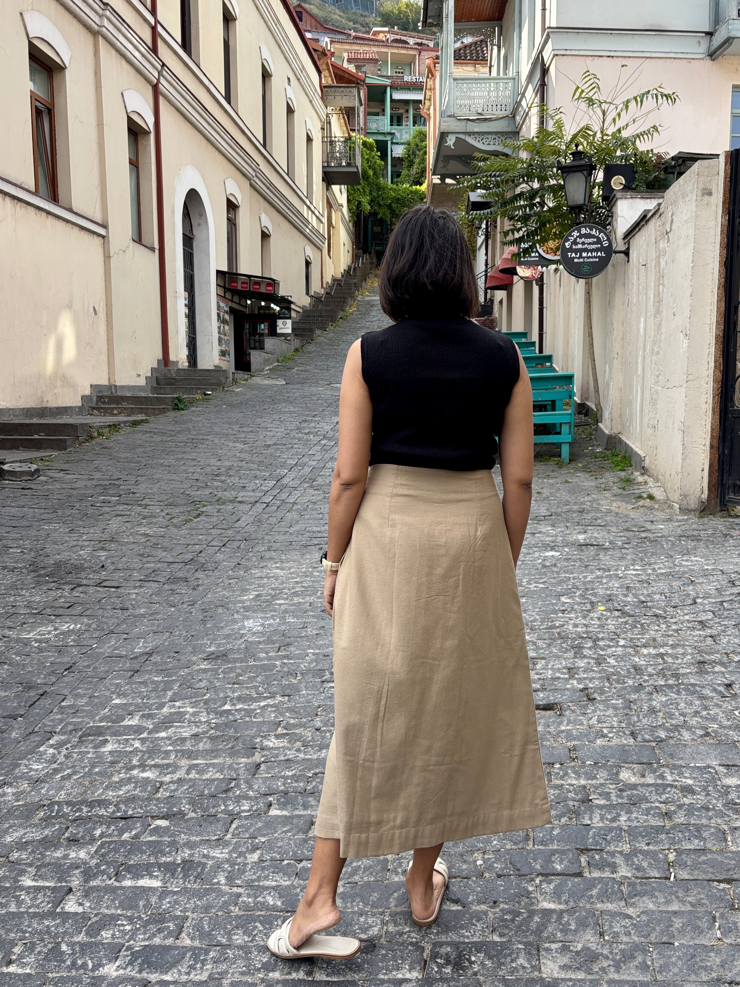Beige Flannel Midi Skirt with Ruffle Detail