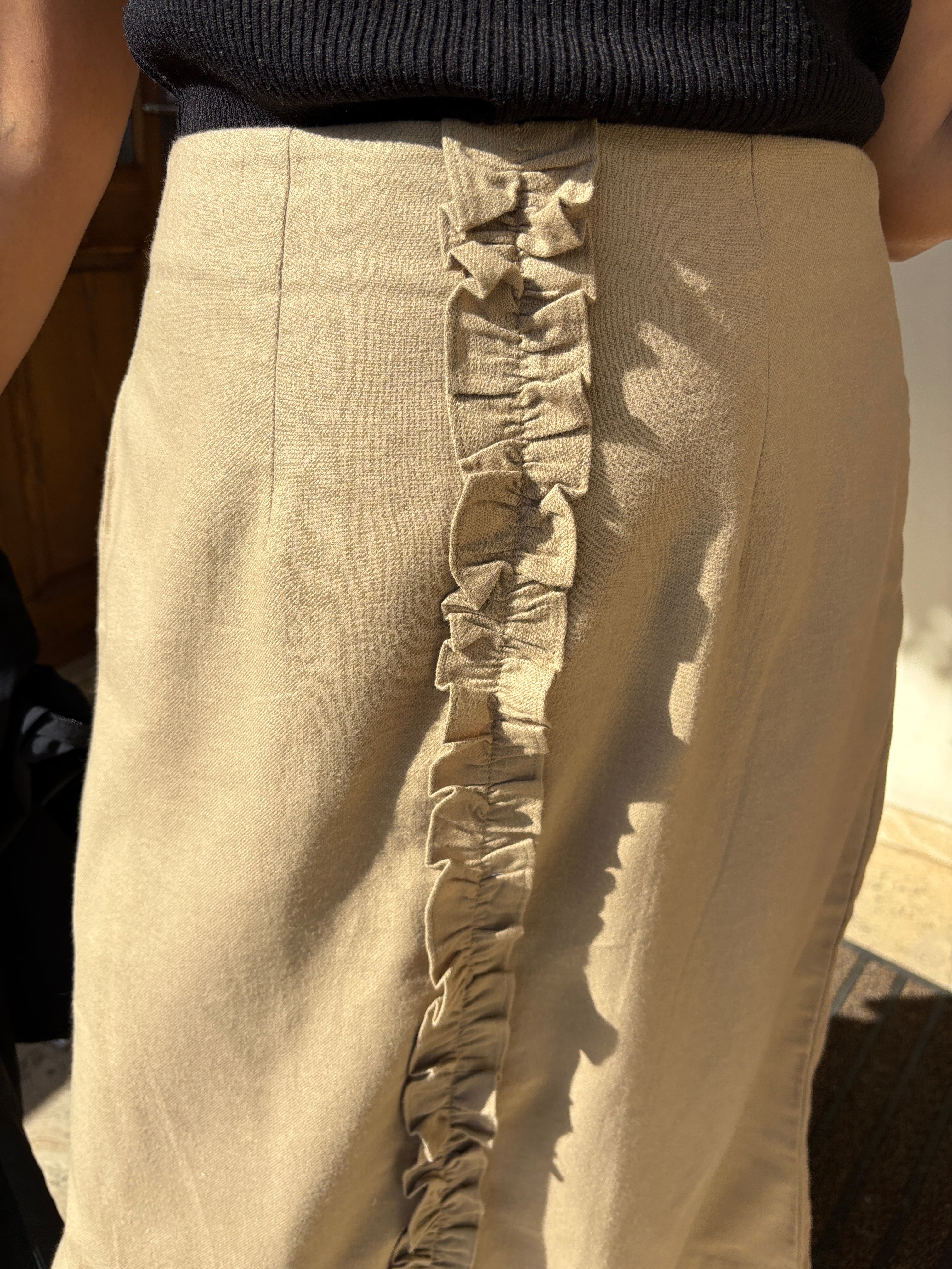 Beige Flannel Midi Skirt with Ruffle Detail