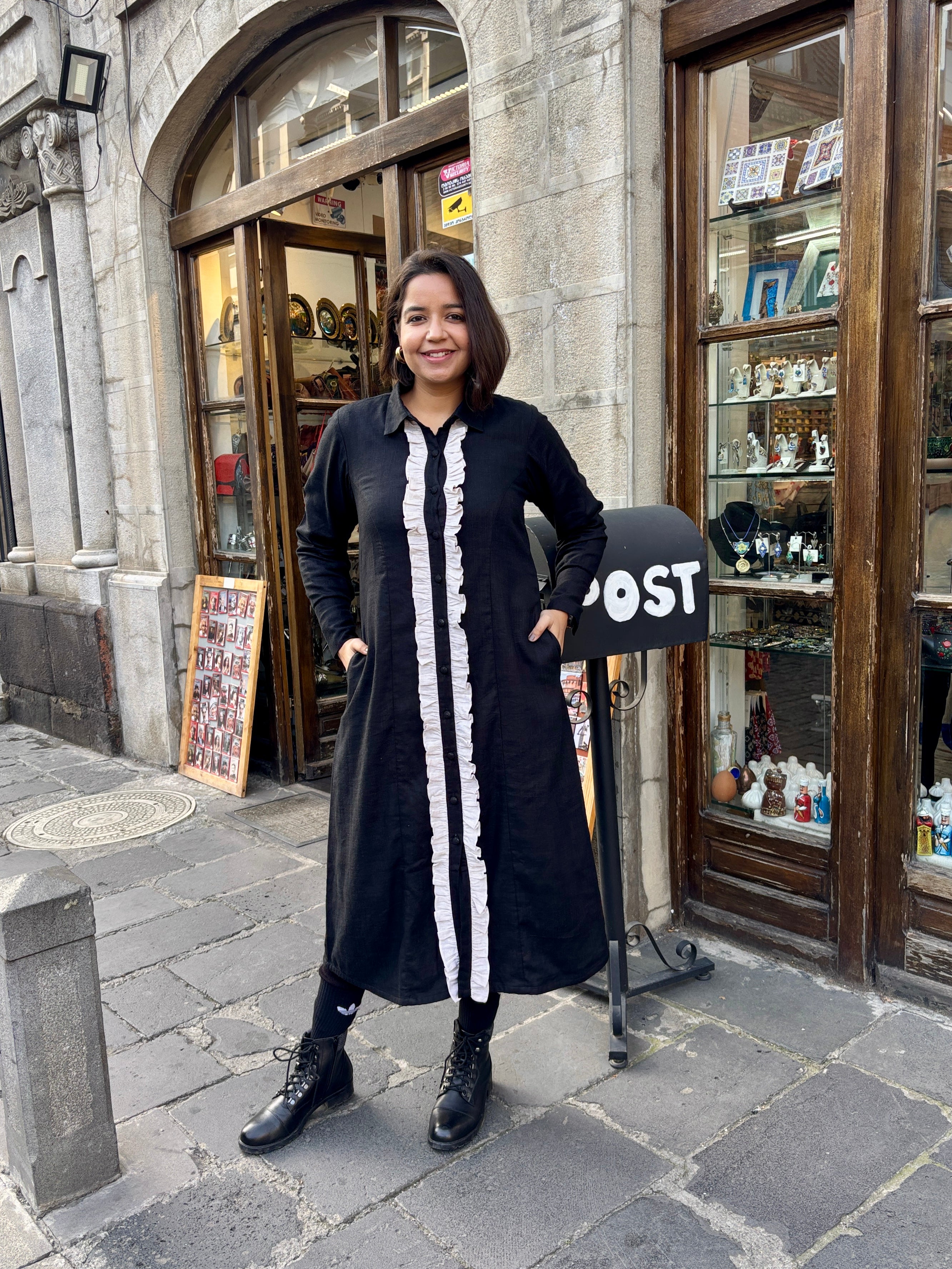 Black Cotton-Linen A-Line Shirt Dress