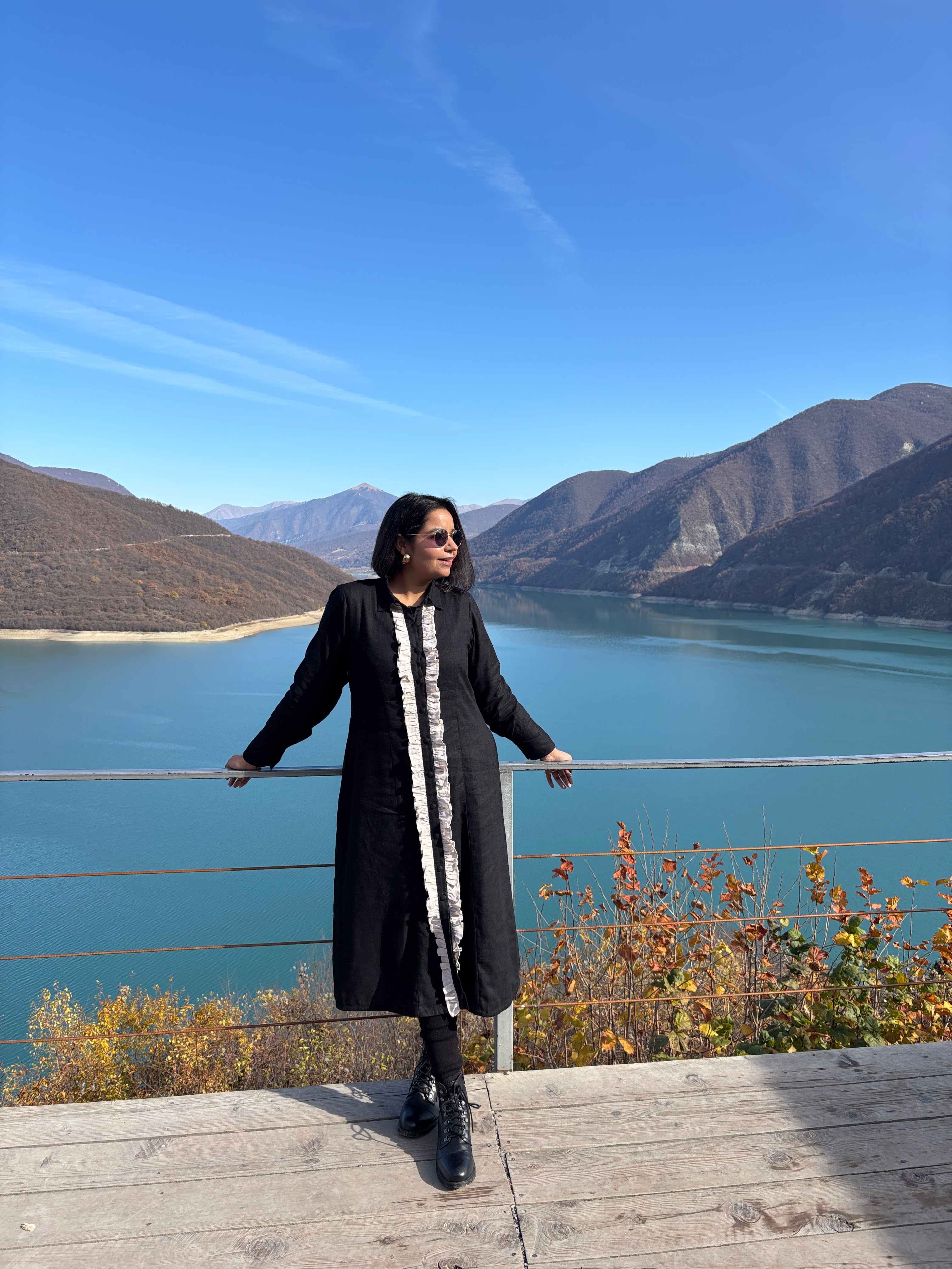 Black Cotton-Linen A-Line Shirt Dress