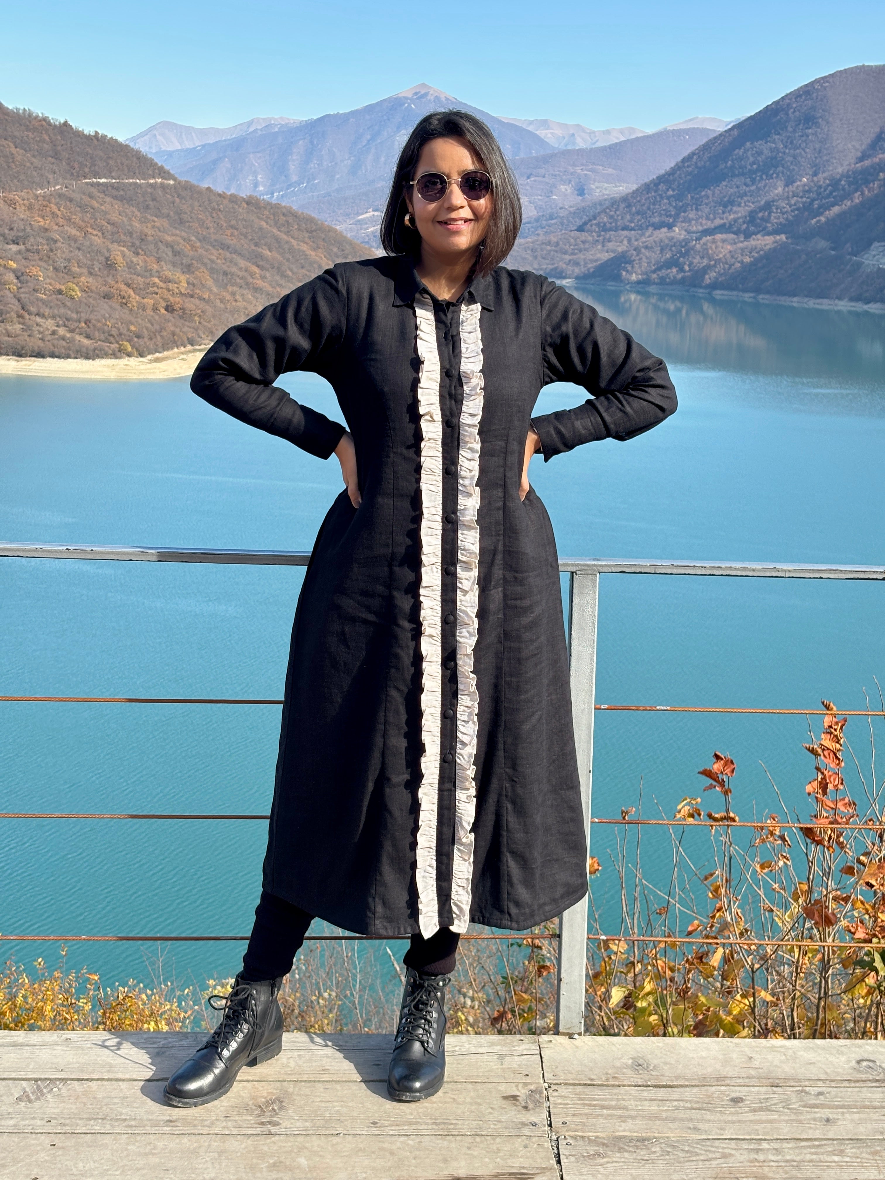 Black Cotton-Linen A-Line Shirt Dress