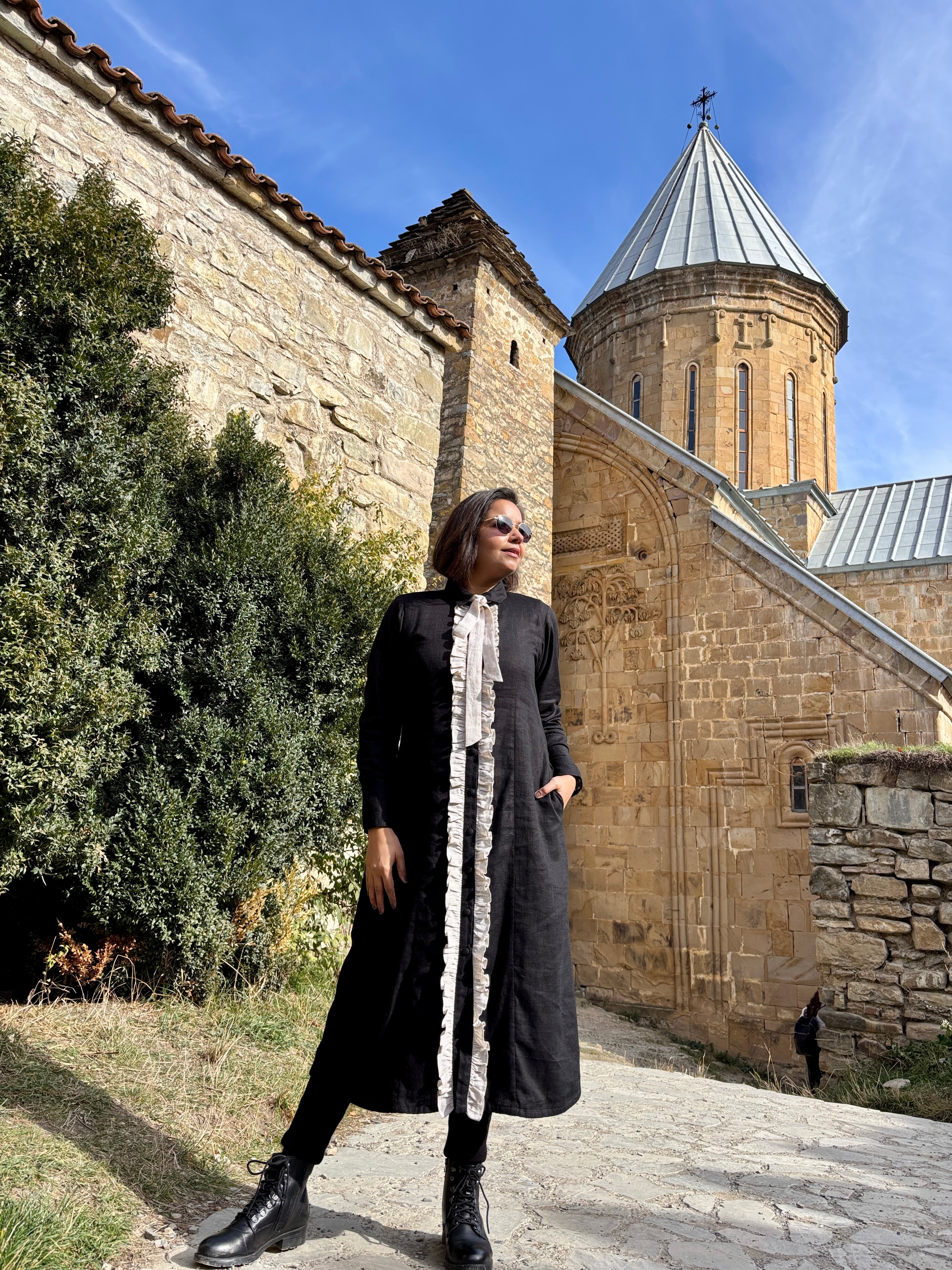 Black Cotton-Linen A-Line Shirt Dress