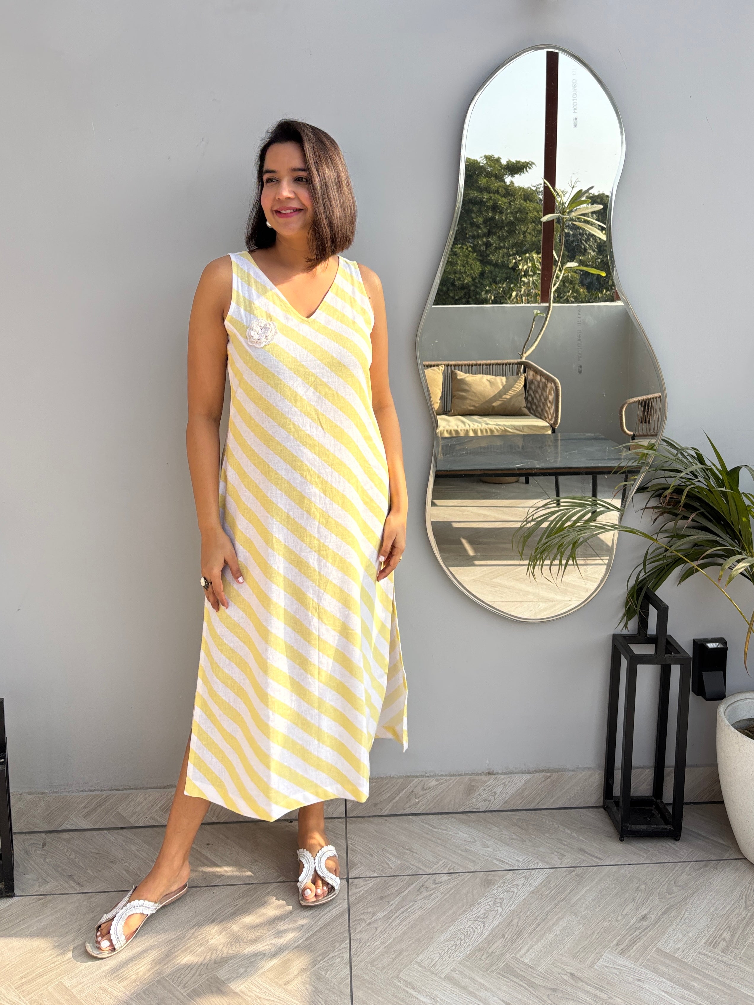 Lemon Stripe Cotton-Linen Midi Dress
