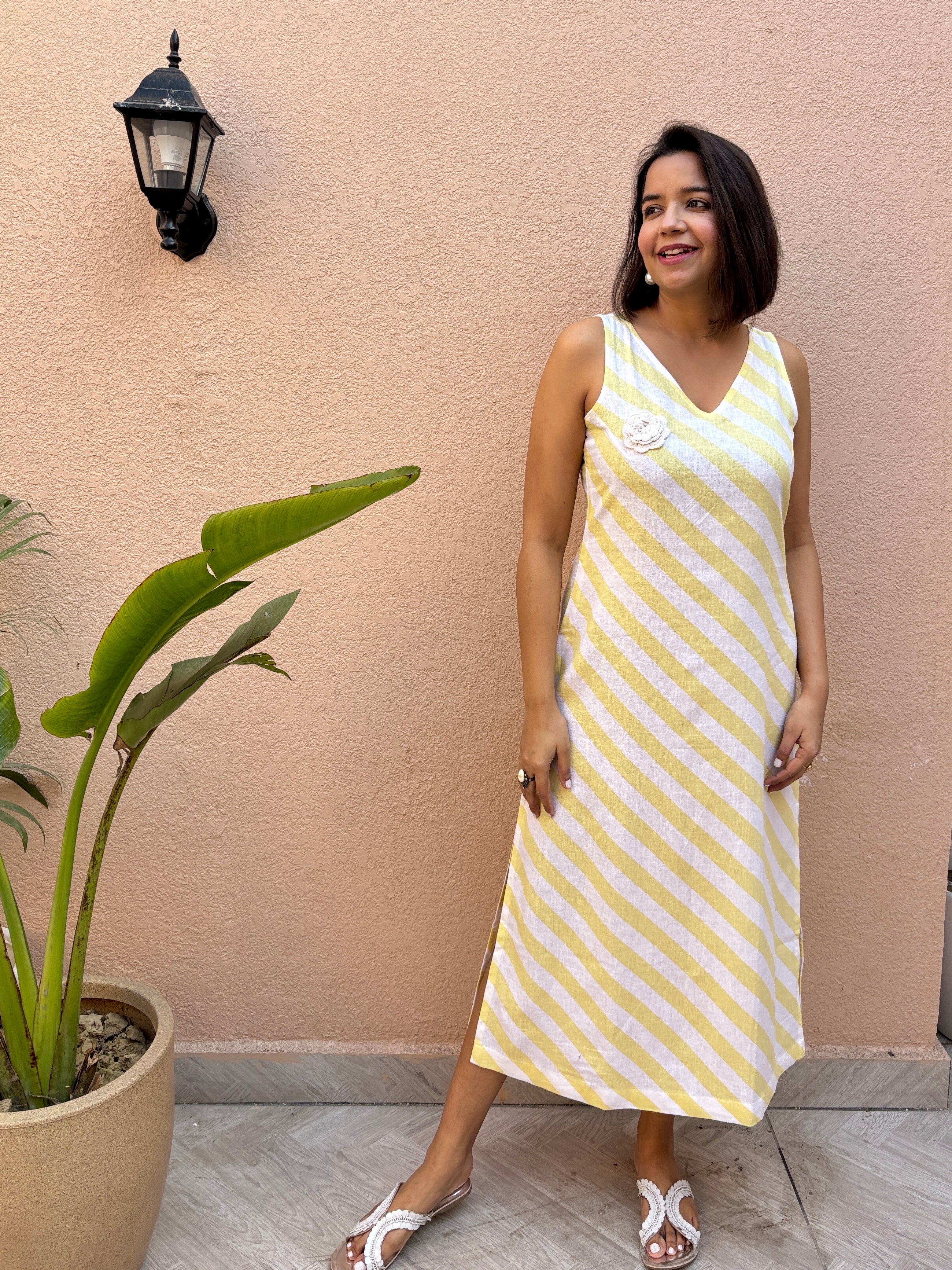 Lemon Stripe Cotton-Linen Midi Dress