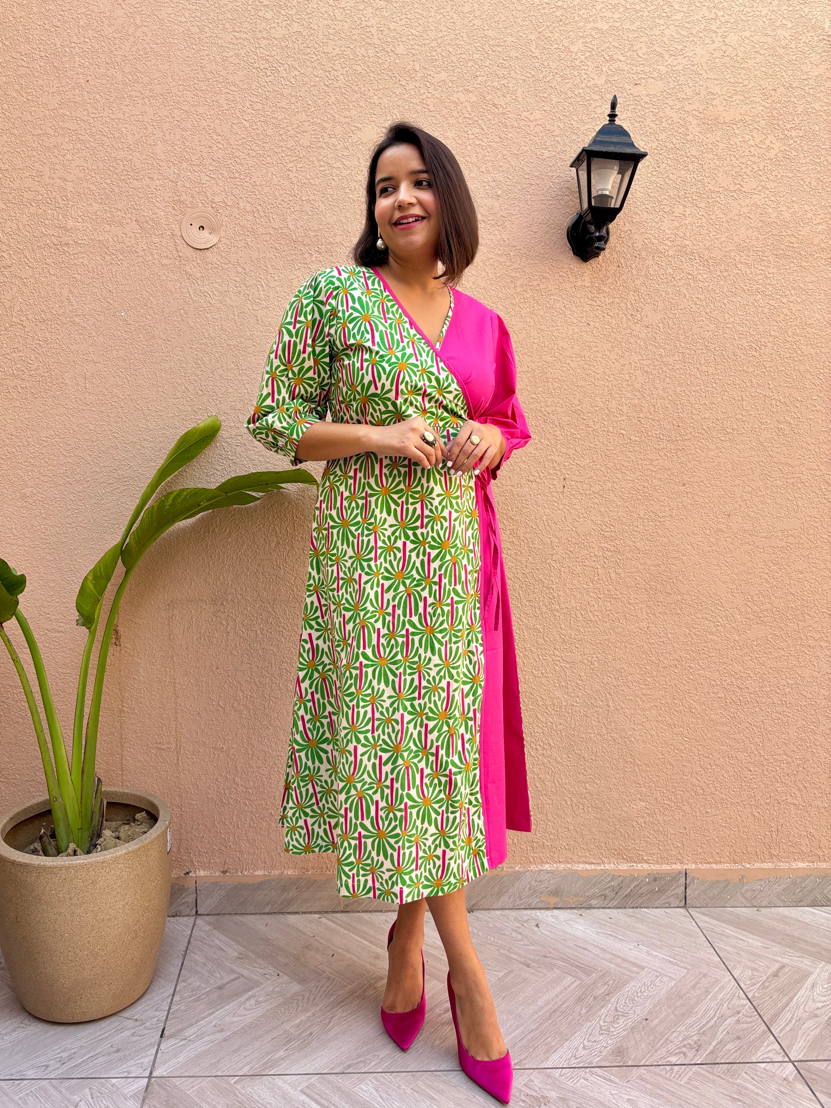 Fuchsia Wrap Cotton A-Line Midi Dress