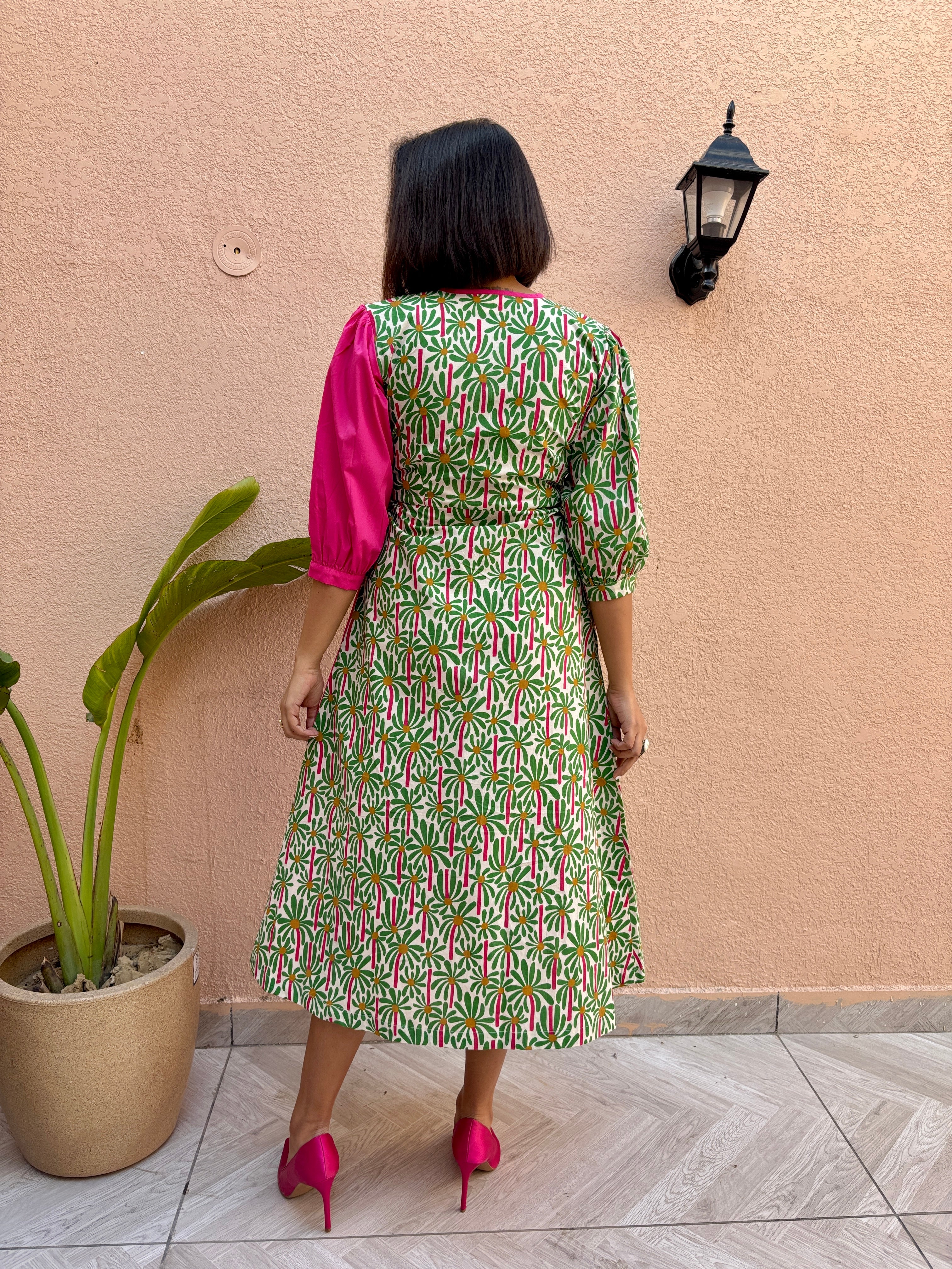 Fuchsia Wrap Cotton A-Line Midi Dress