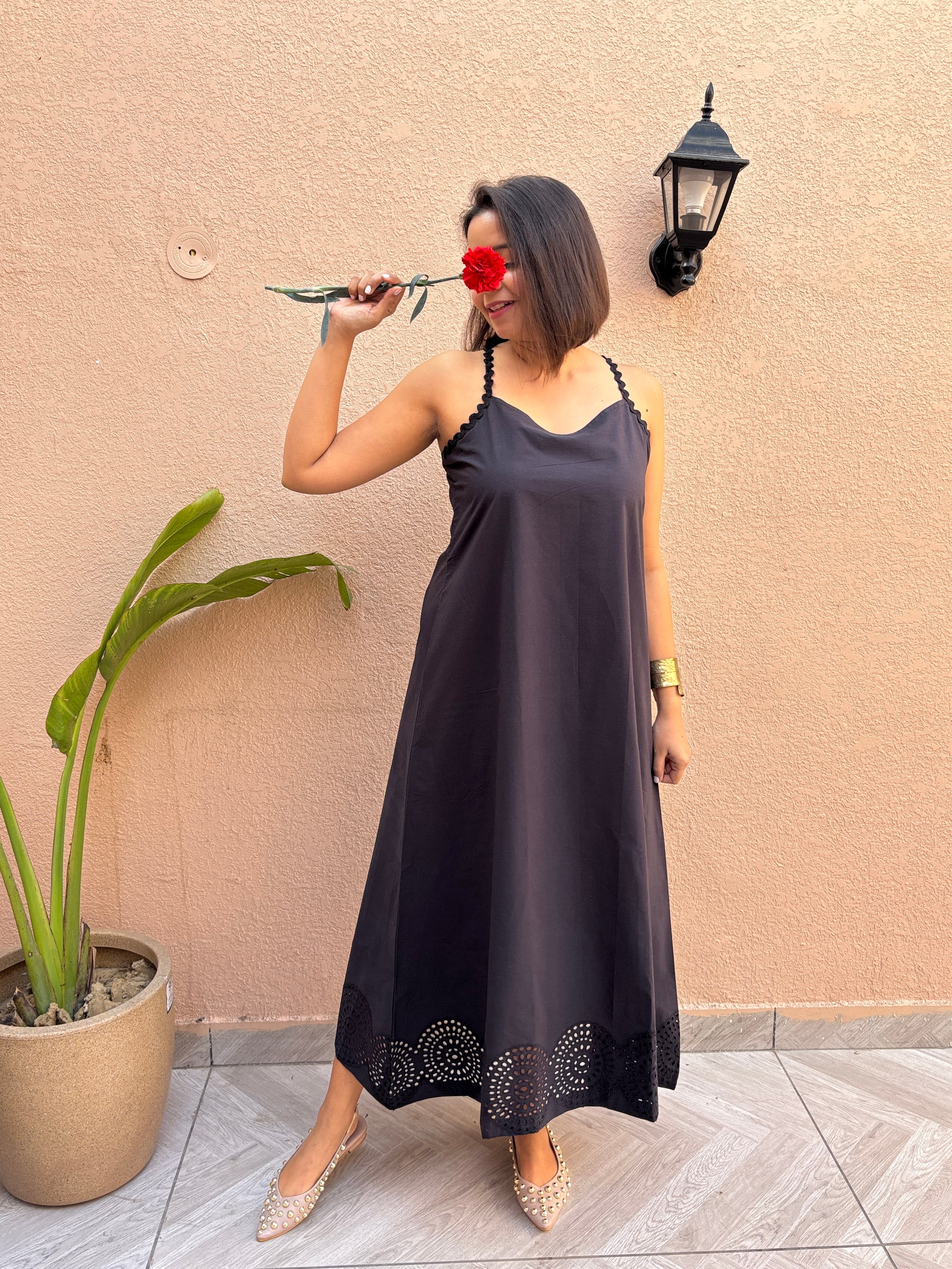 Black Cotton Schiffli Maxi Dress