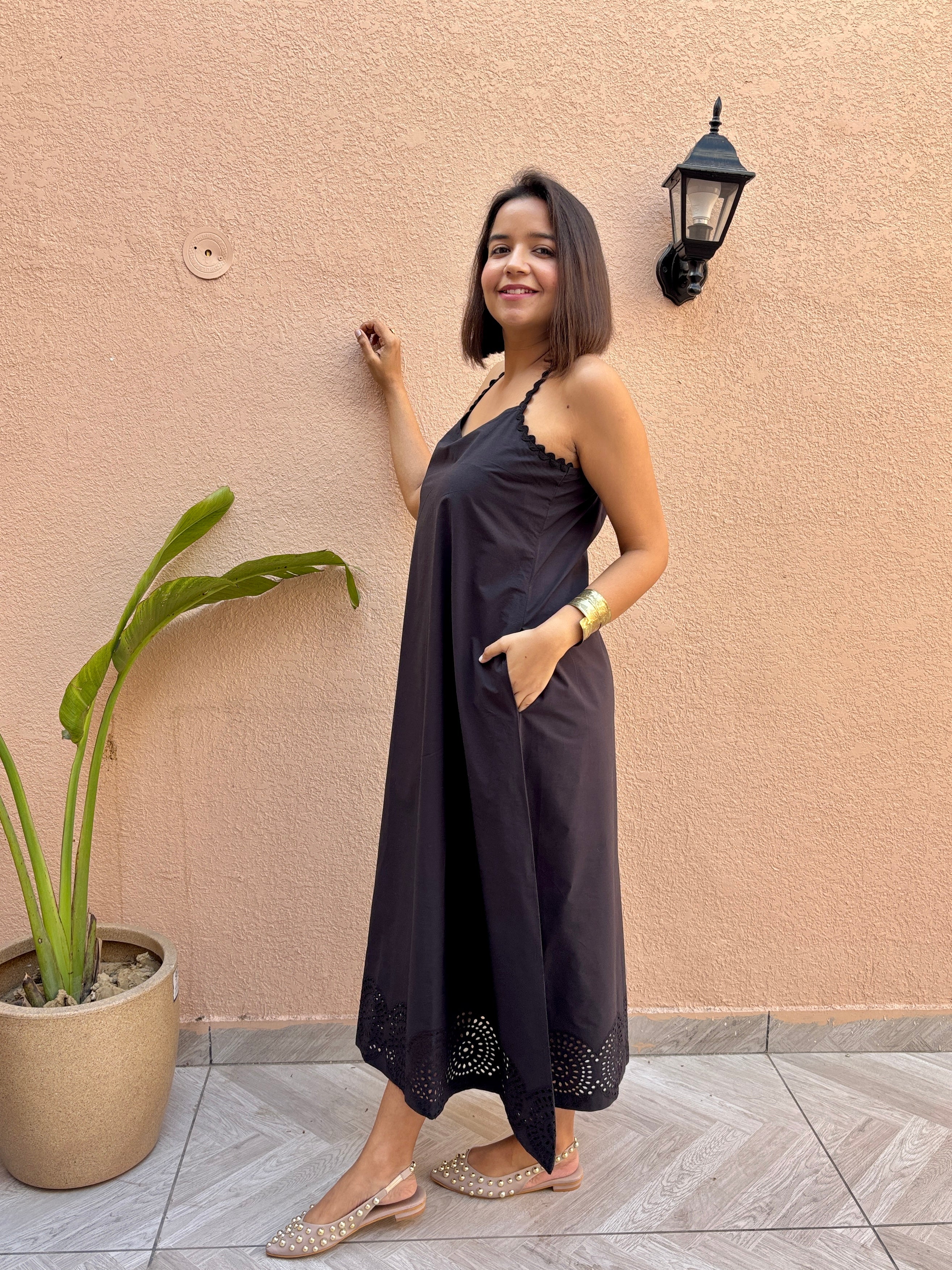 Black Cotton Schiffli Maxi Dress